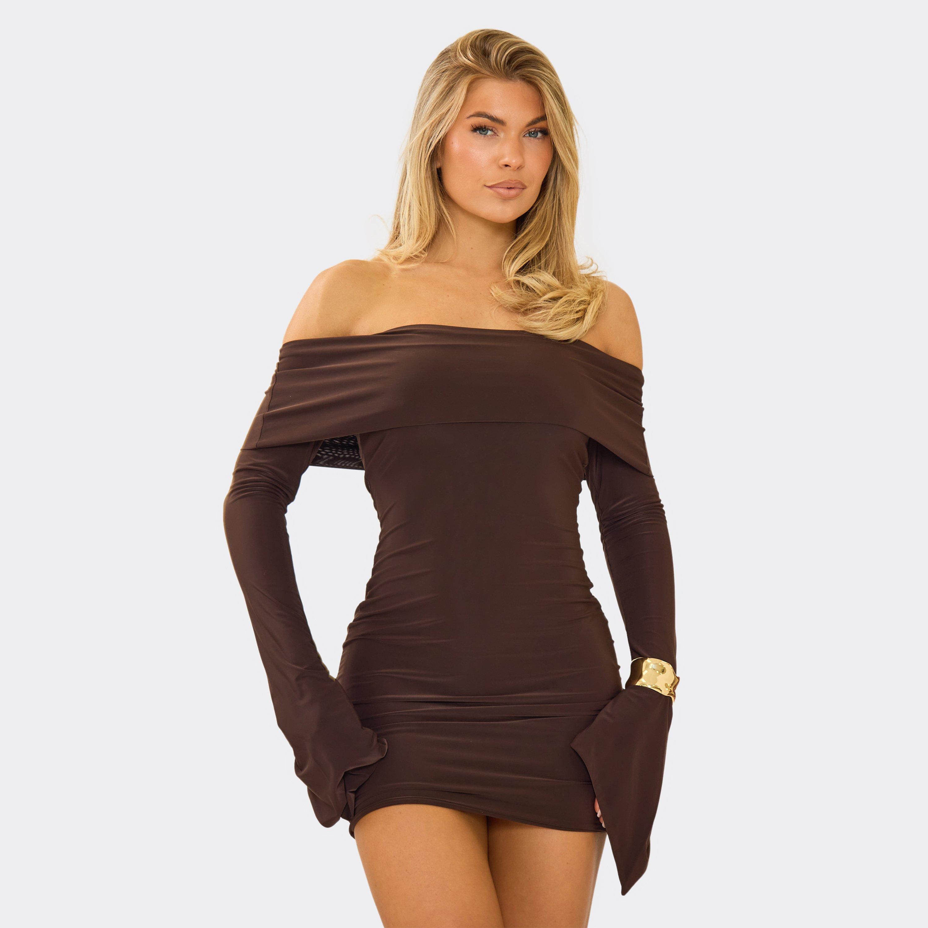 Bardot Fold Over Flared Sleeve Mini Dress In Chocolate Brown, Women’s