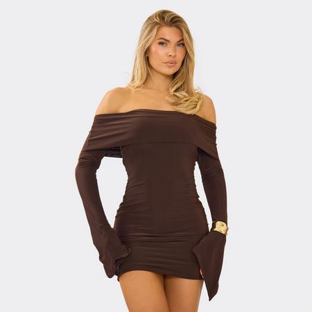 Bardot Fold Over Flared Sleeve Mini Dress In Chocolate Brown, Women's Size US