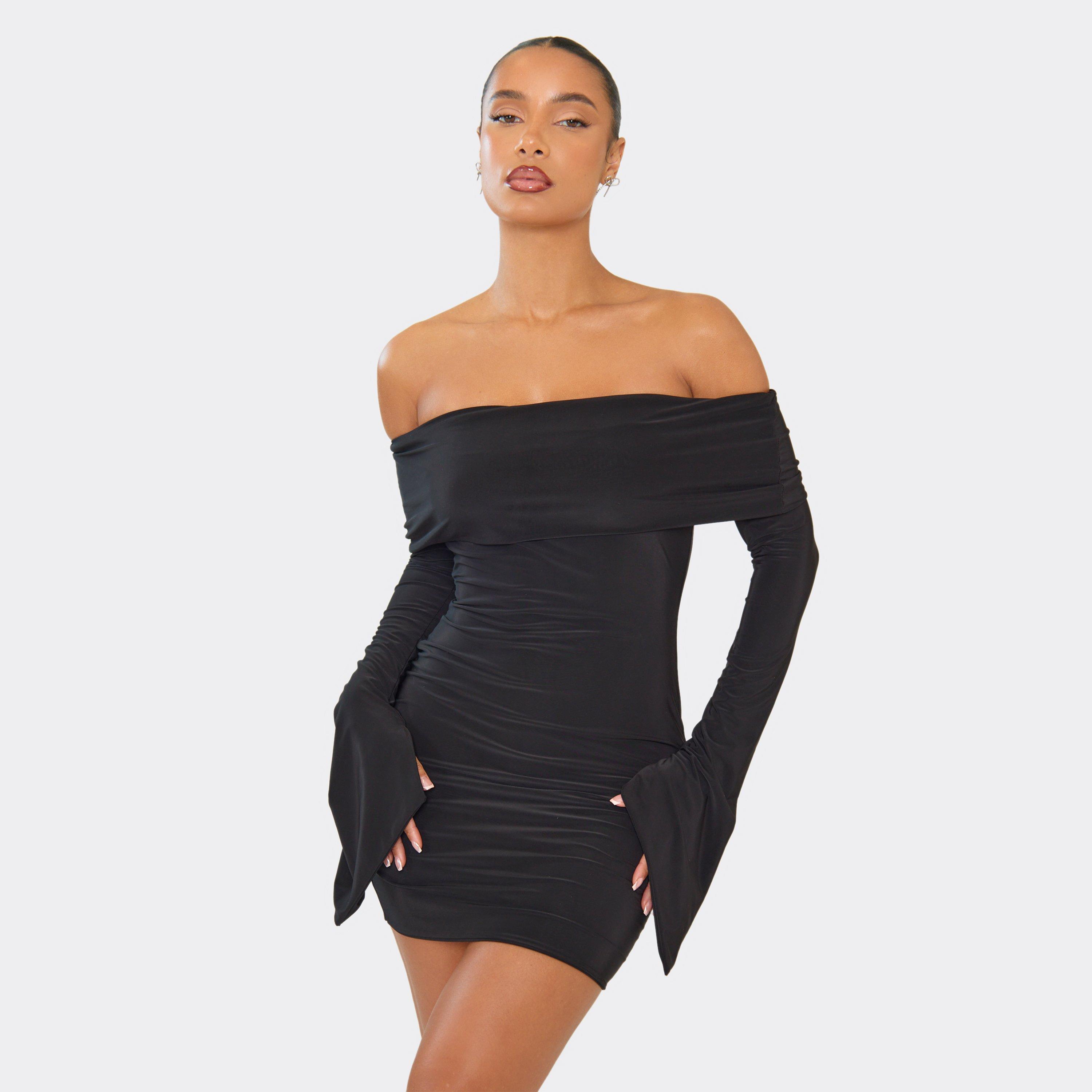 Bardot Fold Over Flared Sleeve Mini Dress In Black, Women’s