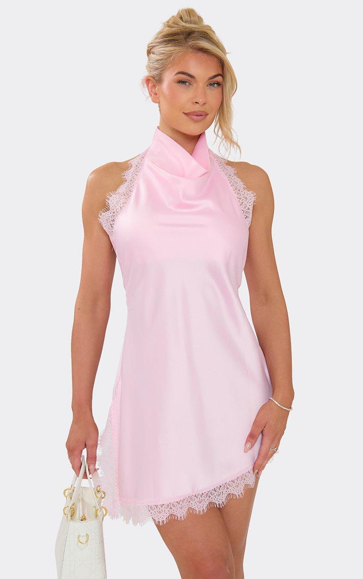 cowl neck asymmetric hem mini dress Satin Draped Cowl Neck Asymmetrical Ruched Sleeveless Mini Dress – Micas