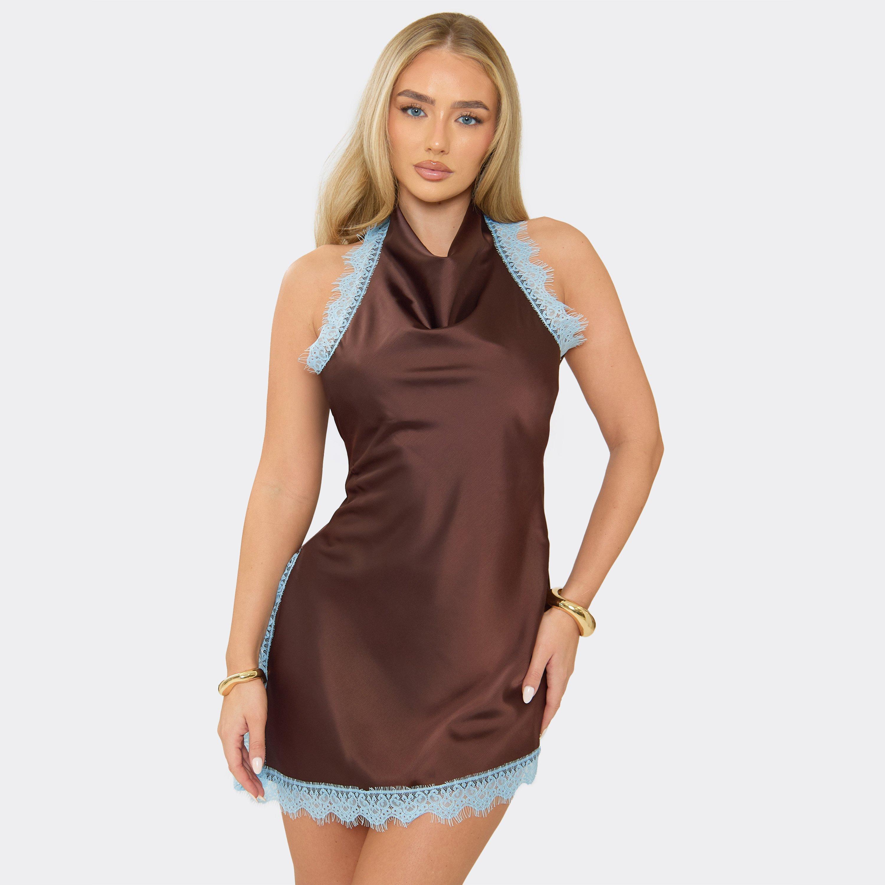 Cowl High Neck Lace Trim Asymmetric Hem Detail Mini Dress In Brown Satin, Women’s