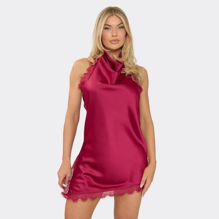 Cowl High Neck Lace Trim Asymmetric Hem Detail Mini Dress In Burgundy Satin, Women's Size US