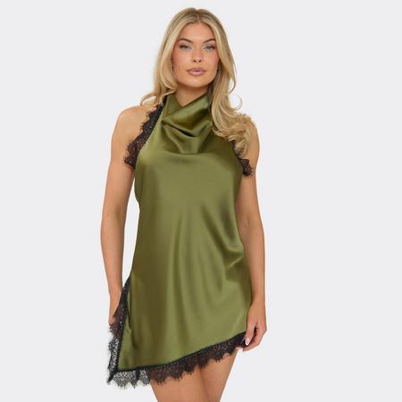 Cowl High Neck Lace Trim Asymmetric Hem Detail Mini Dress In Khaki Green Satin, Women's Size US