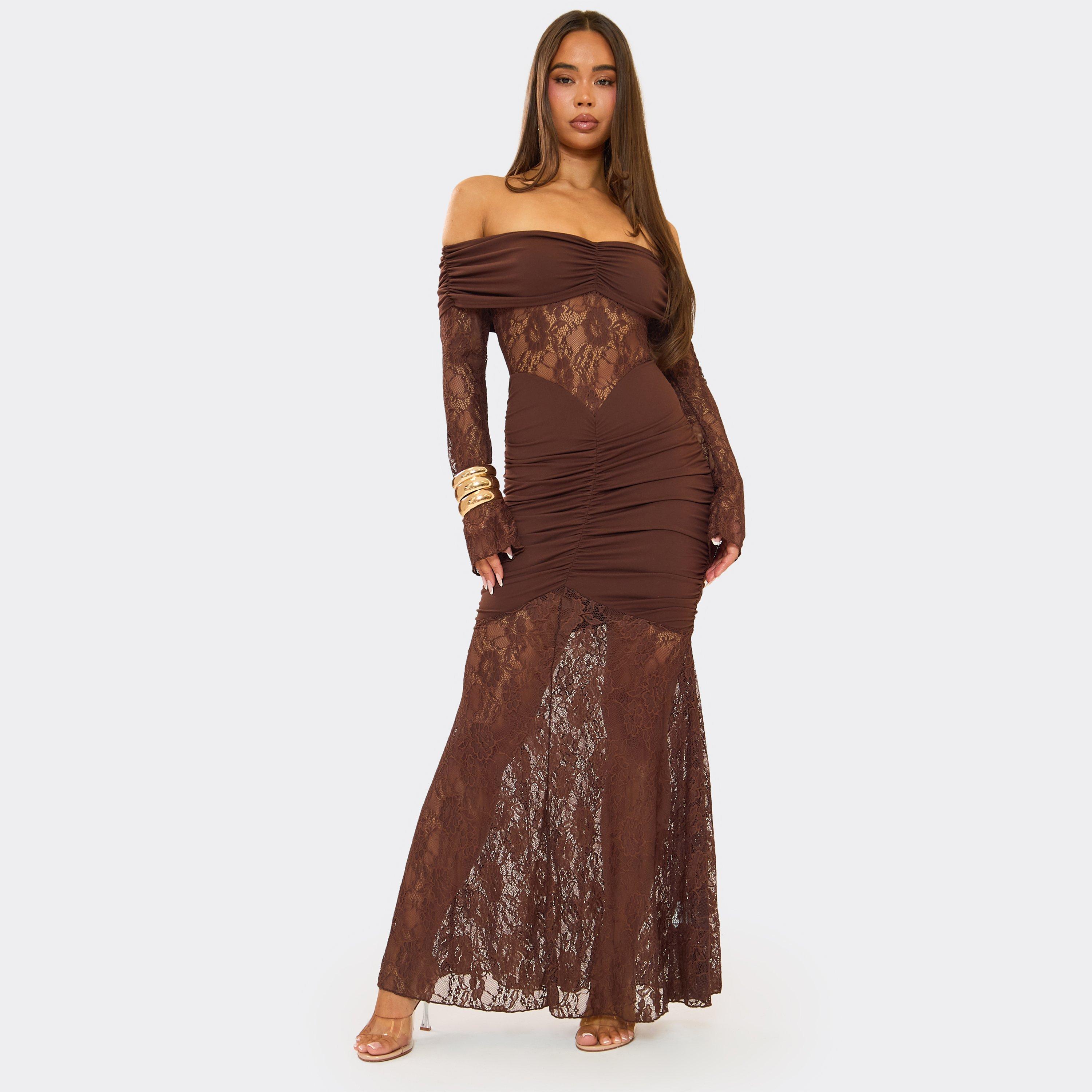 Bardot Contrast Ruched Detail Maxi Dress In Chocolate Brown Lace, Women’s