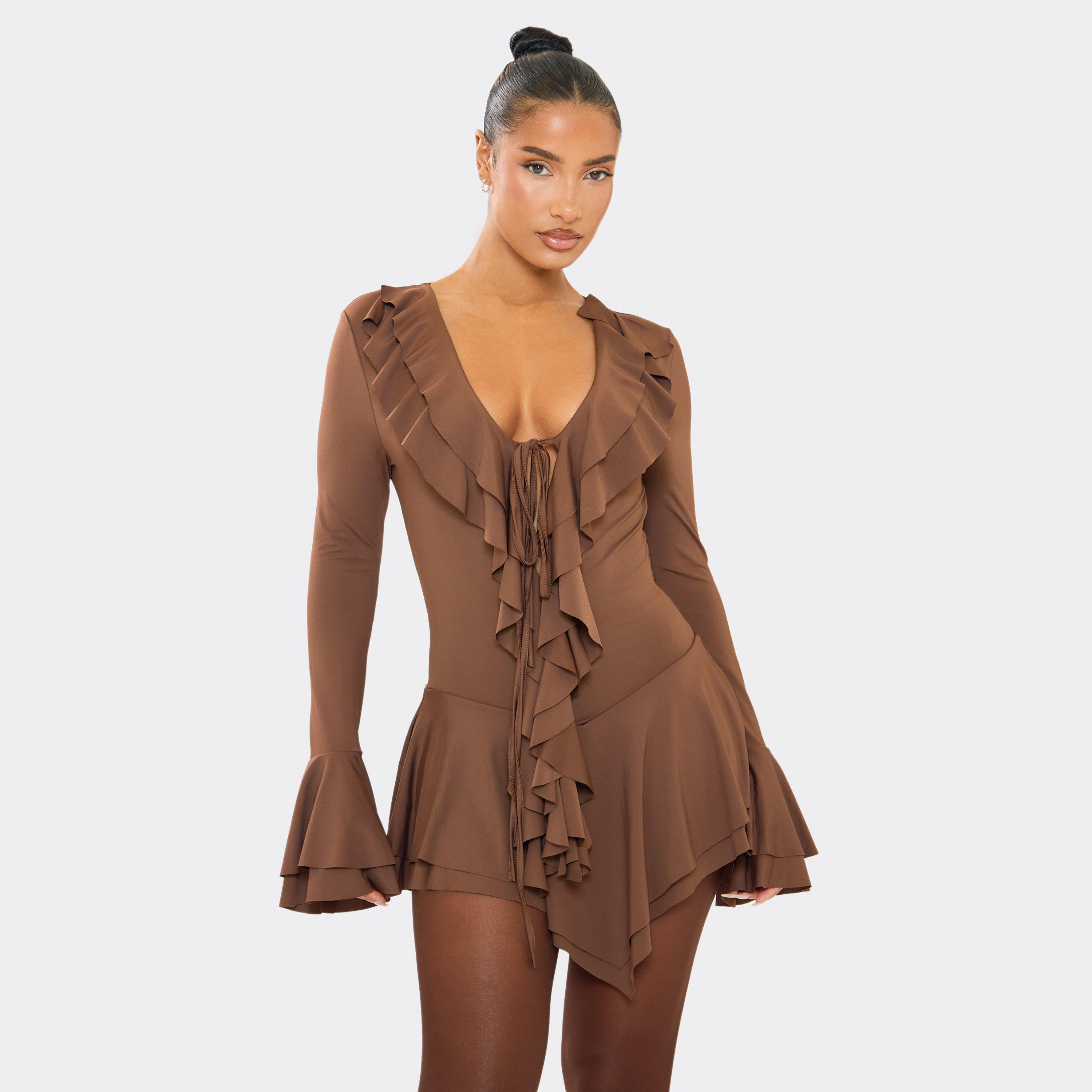 Flared Sleeve Plunge Front Frill Detail Mini Dress In Chocolate Brown, Women’s