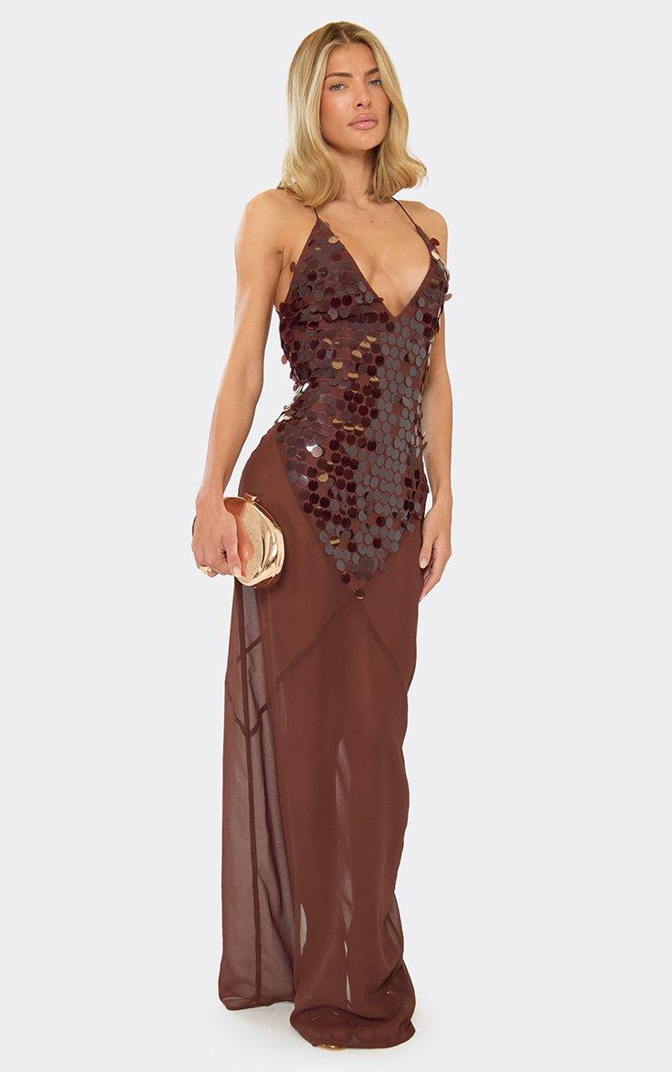 Strappy Plunge Disc Sequin Sheer Panel Maxi Dress In Chocolate Brown | EGO  US | EGO