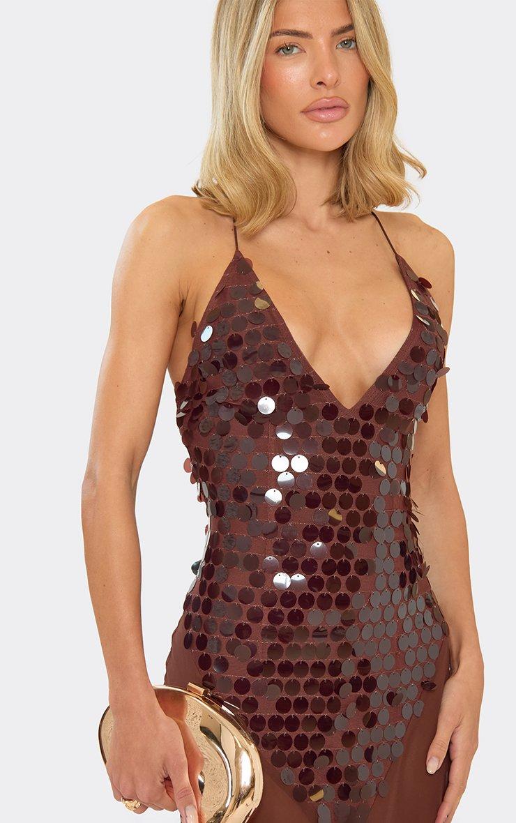 Strappy Plunge Disc Sequin Sheer Panel Maxi Dress In Chocolate Brown | EGO  US | EGO