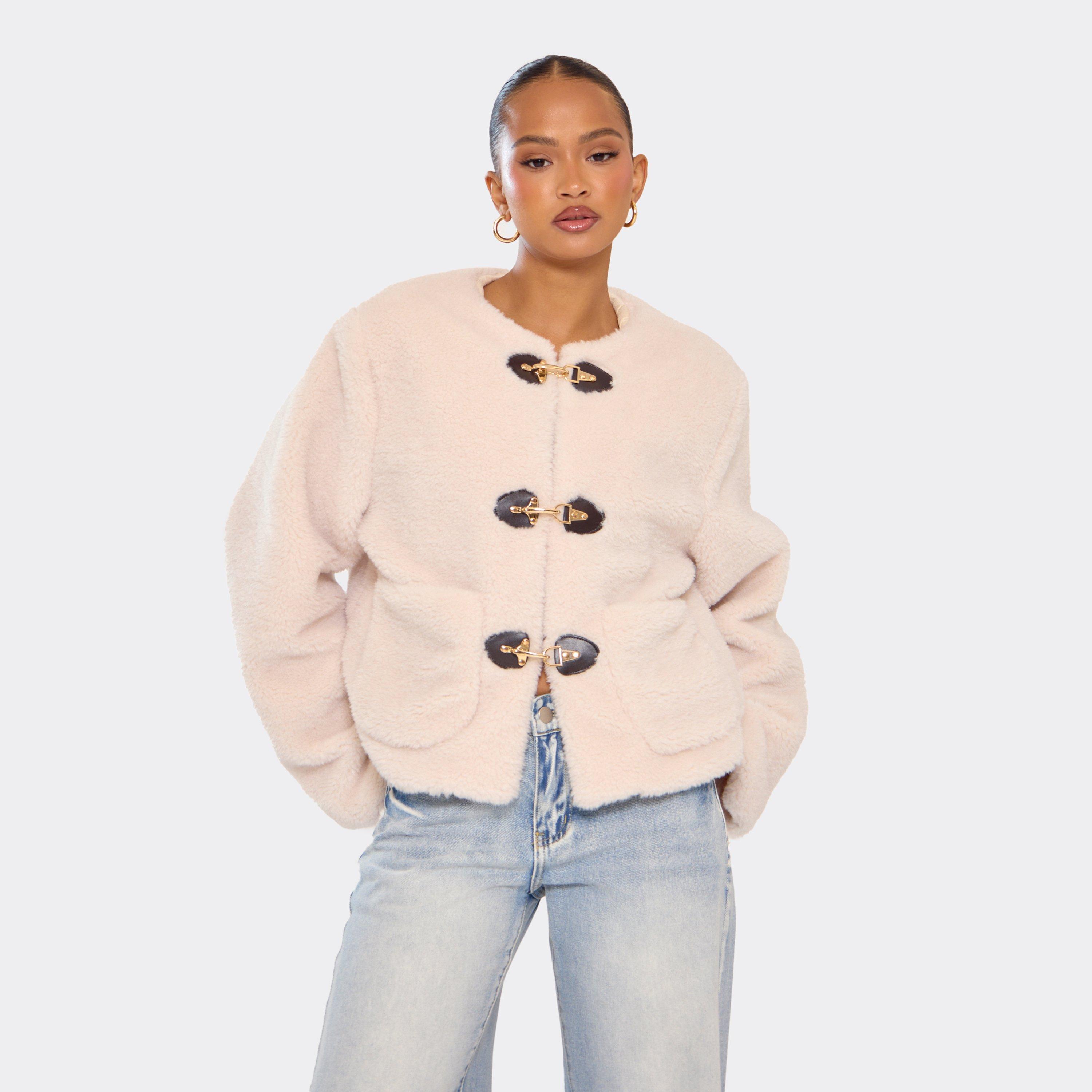 Long Sleeve Buckle Front Detail Jacket In Cream Borg, Women's Size UK XS