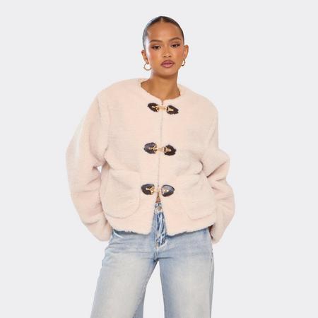 Long Sleeve Buckle Front Detail Jacket In Cream Borg, Women's Size US