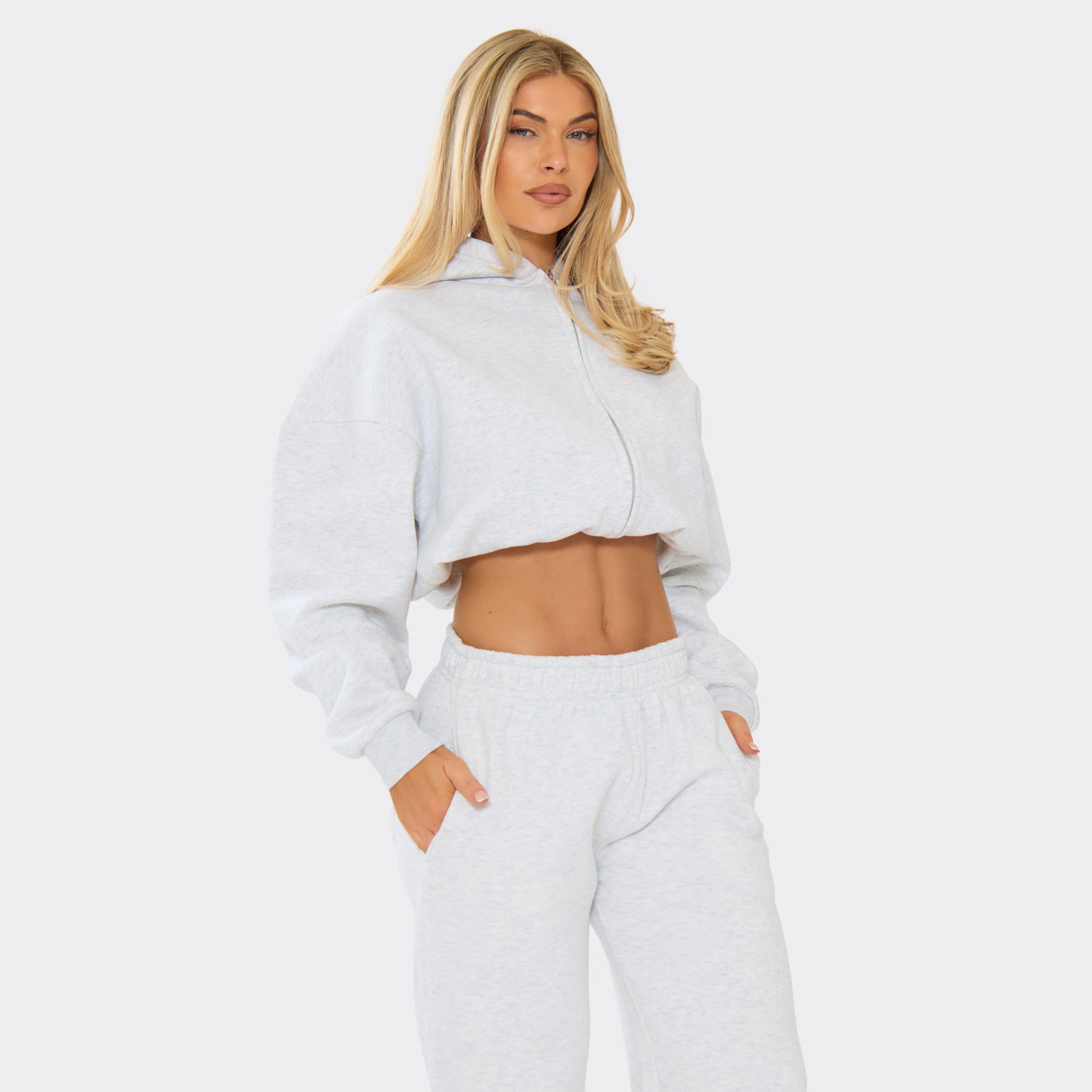 Long Sleeve Bubble Hem Cropped Zip Up Hoodie In Grey, Women’s