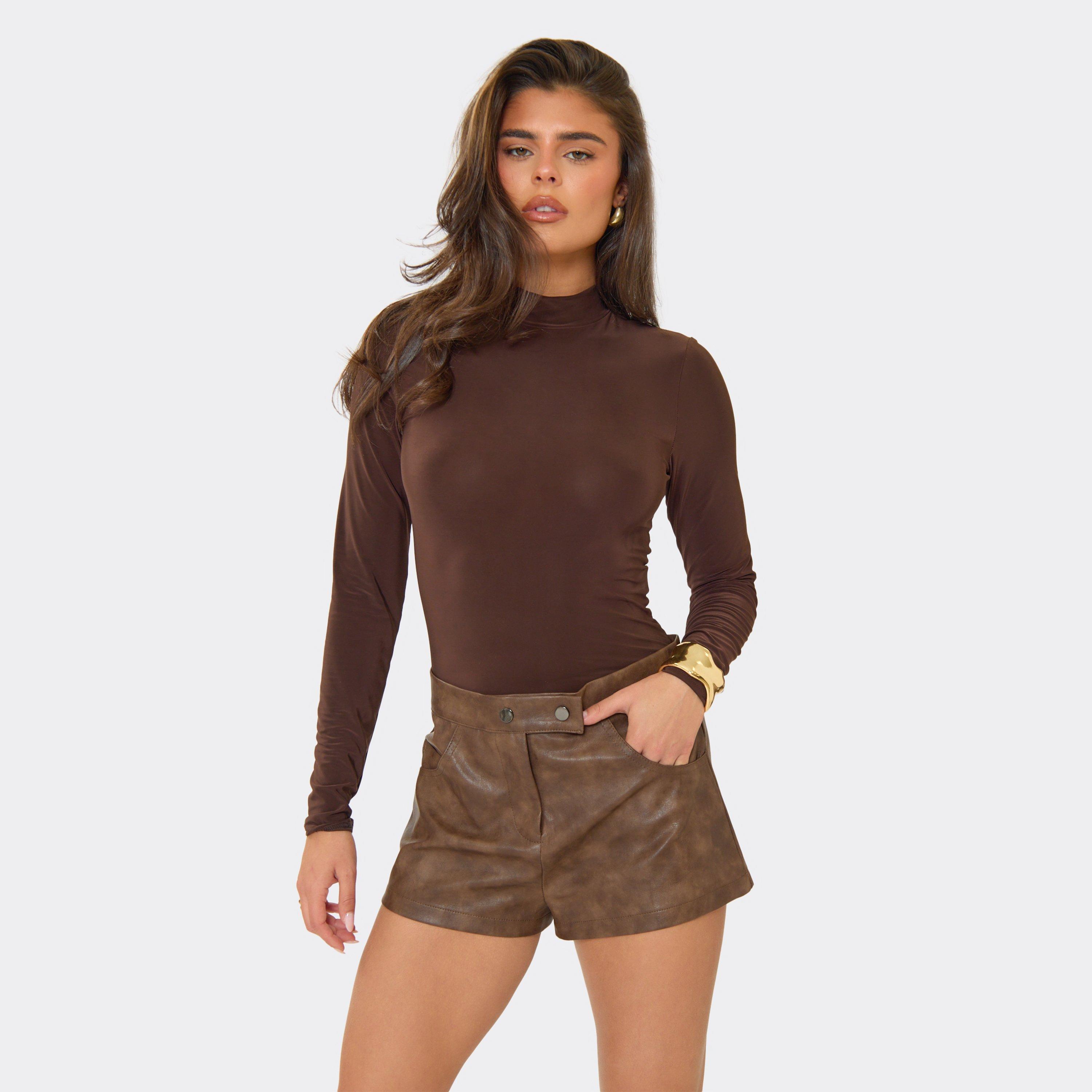 Mid Rise Belt Loop Detail Shorts In Chocolate Brown Faux Leather, Women's Size UK 14