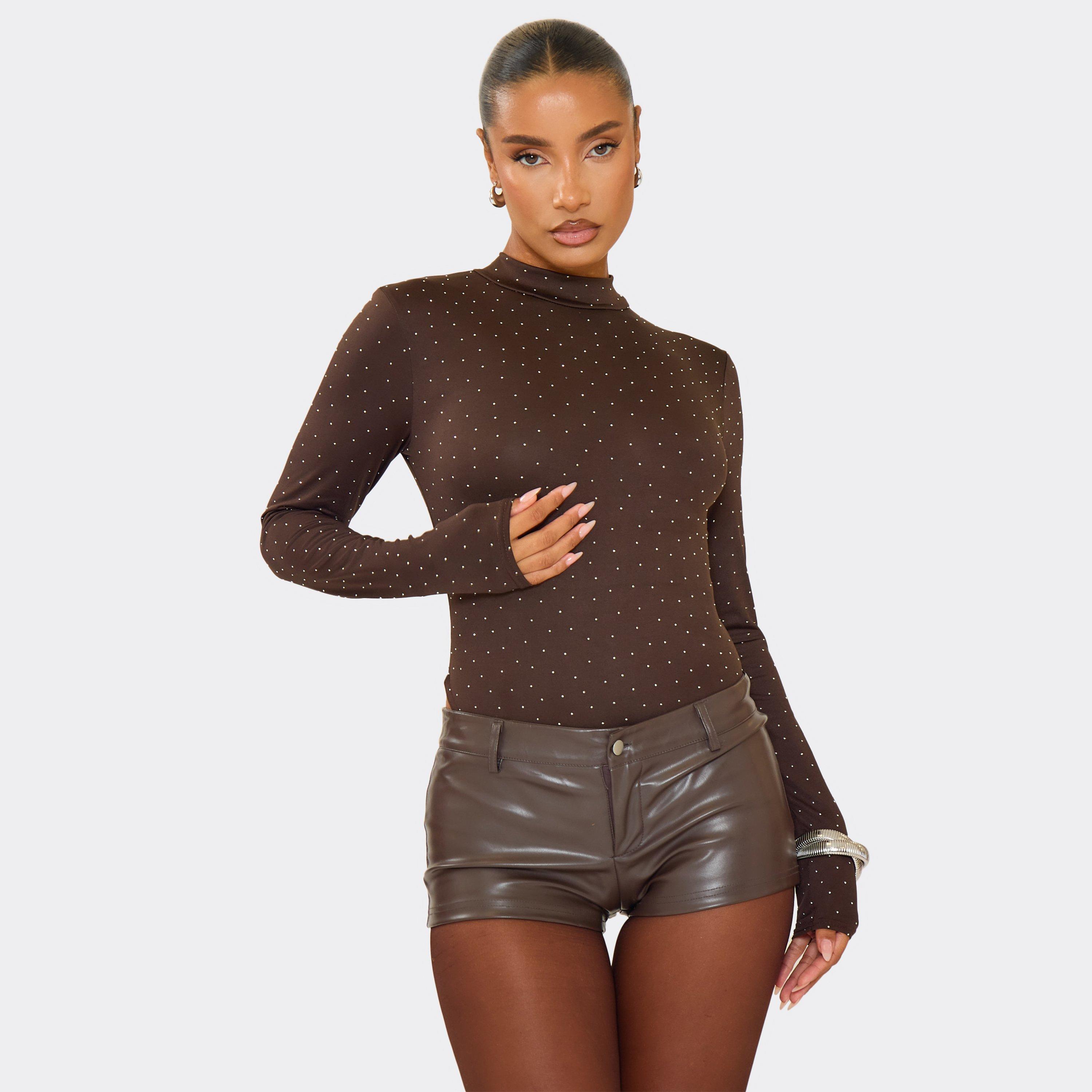 High Neck Long Sleeve Diamante Bodysuit In Chocolate Brown, Women's Size UK 16