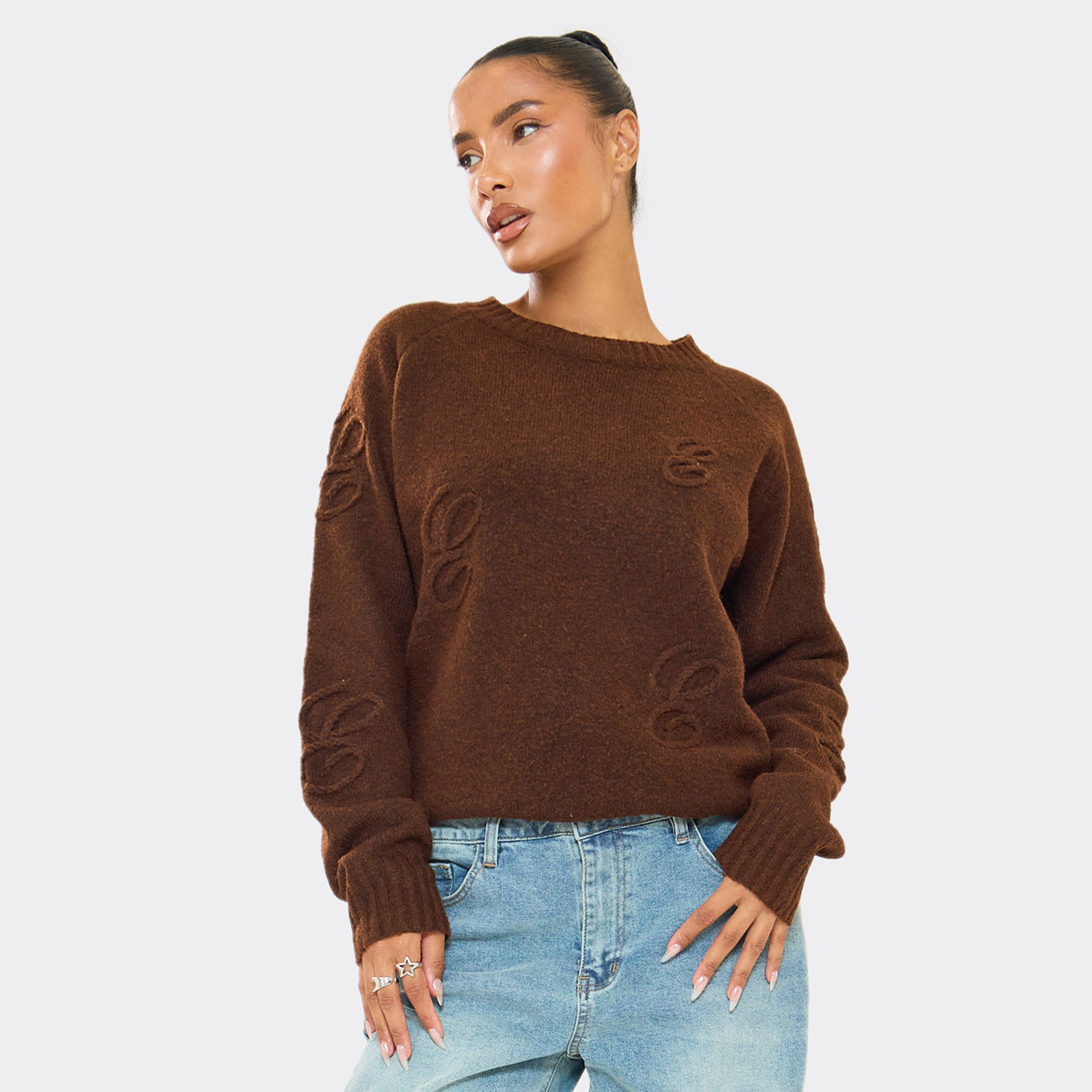 Long Sleeve 'E' Graphic Applique Detail Oversized Jumper In Chocolate Brown Knit, Women's Size UK S