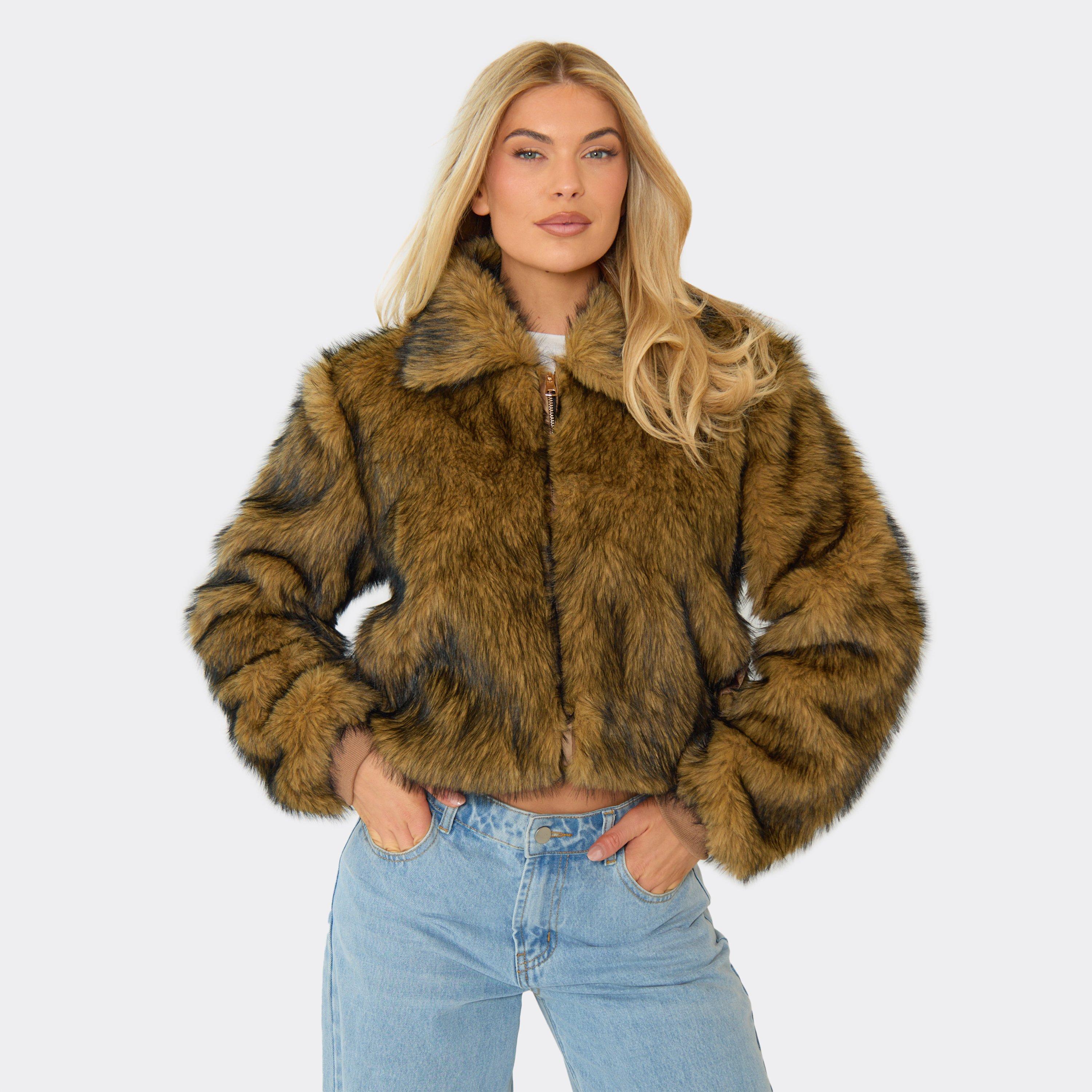 Collared Zip Up Jacket In Brown Faux Fur, Women’s