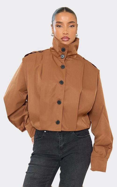Long Sleeve Oversized Collar Detail Cropped Fur Coat In Brown