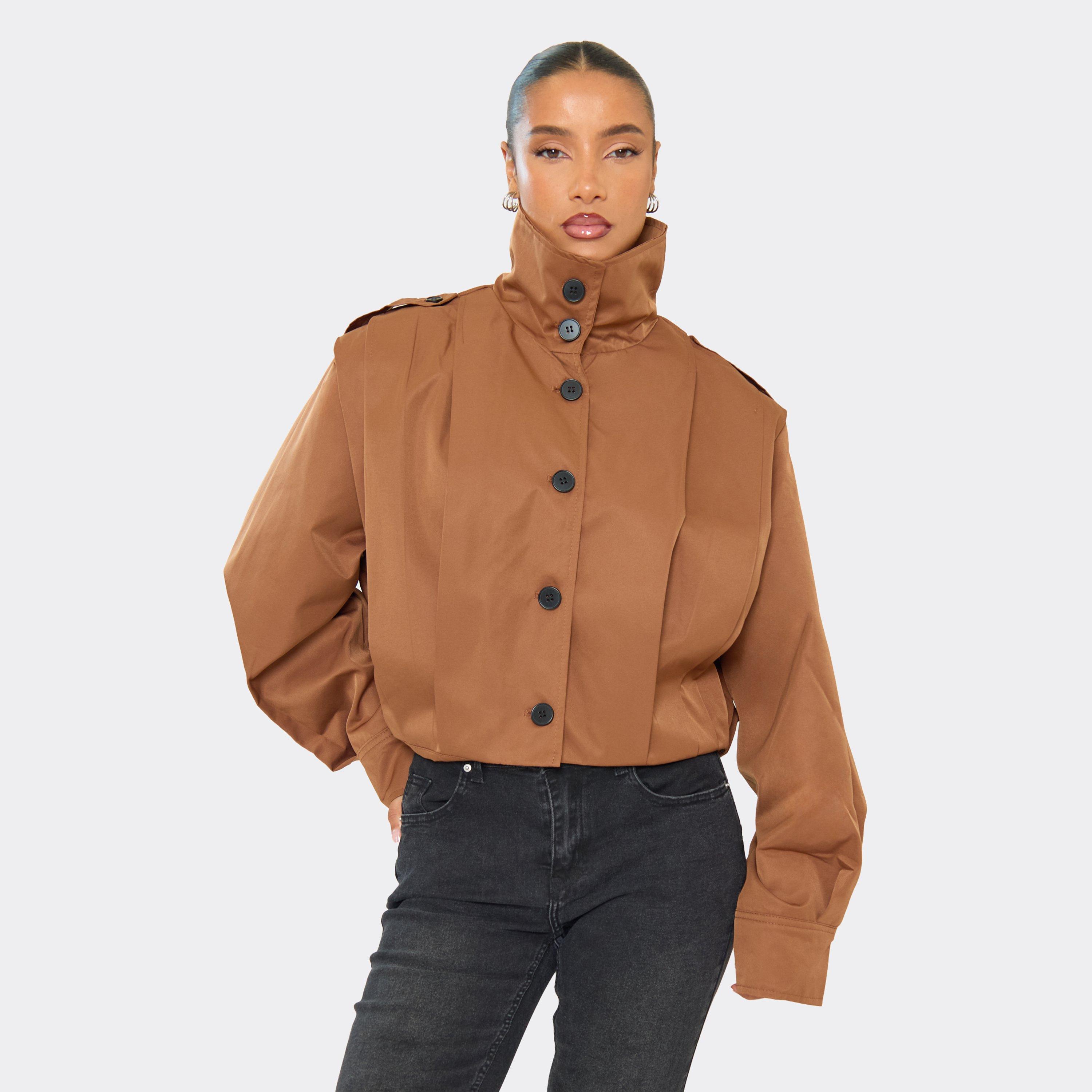 Button Down Pleated Detail Cropped Trench Coat In Brown, Women's Size UK S