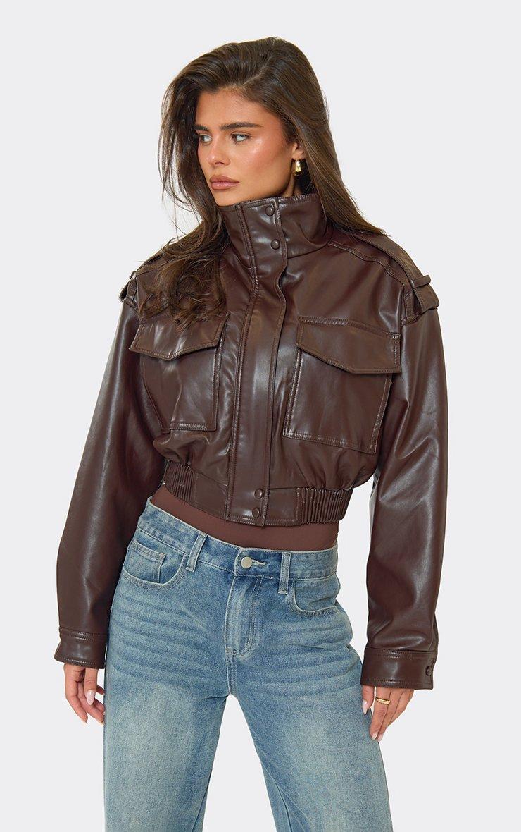 Funnel Neck Pocket Detail Cropped Jacket In Brown Faux Leather