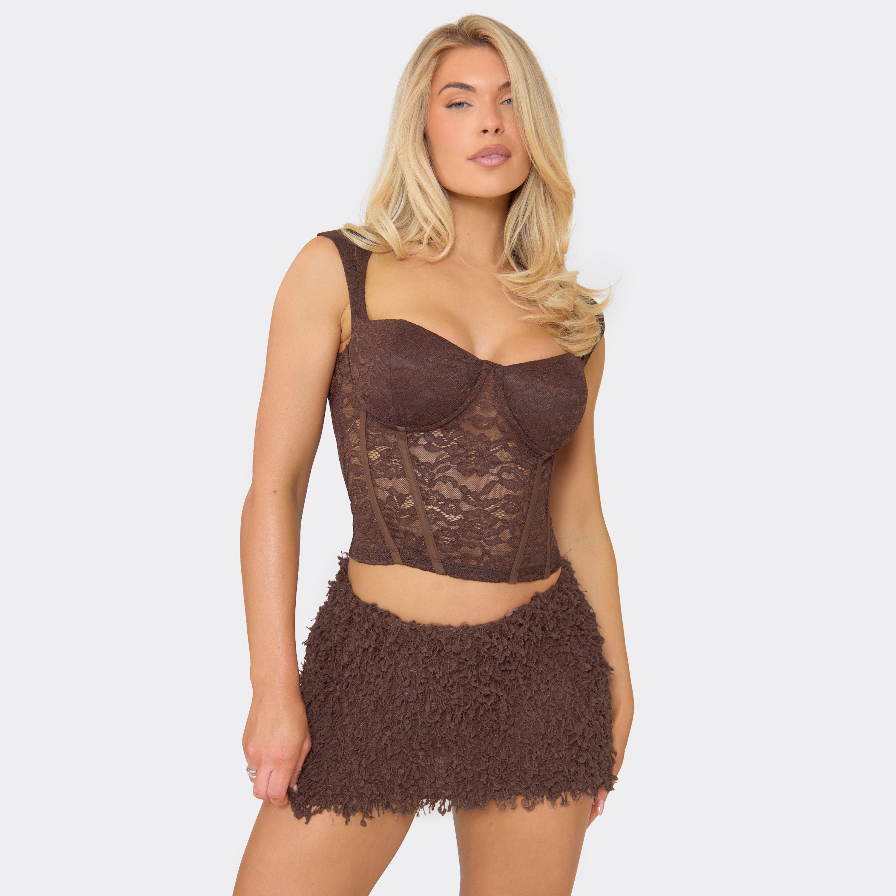 Cap Sleeve Corset Top In Chocolate Brown Lace, Women’s