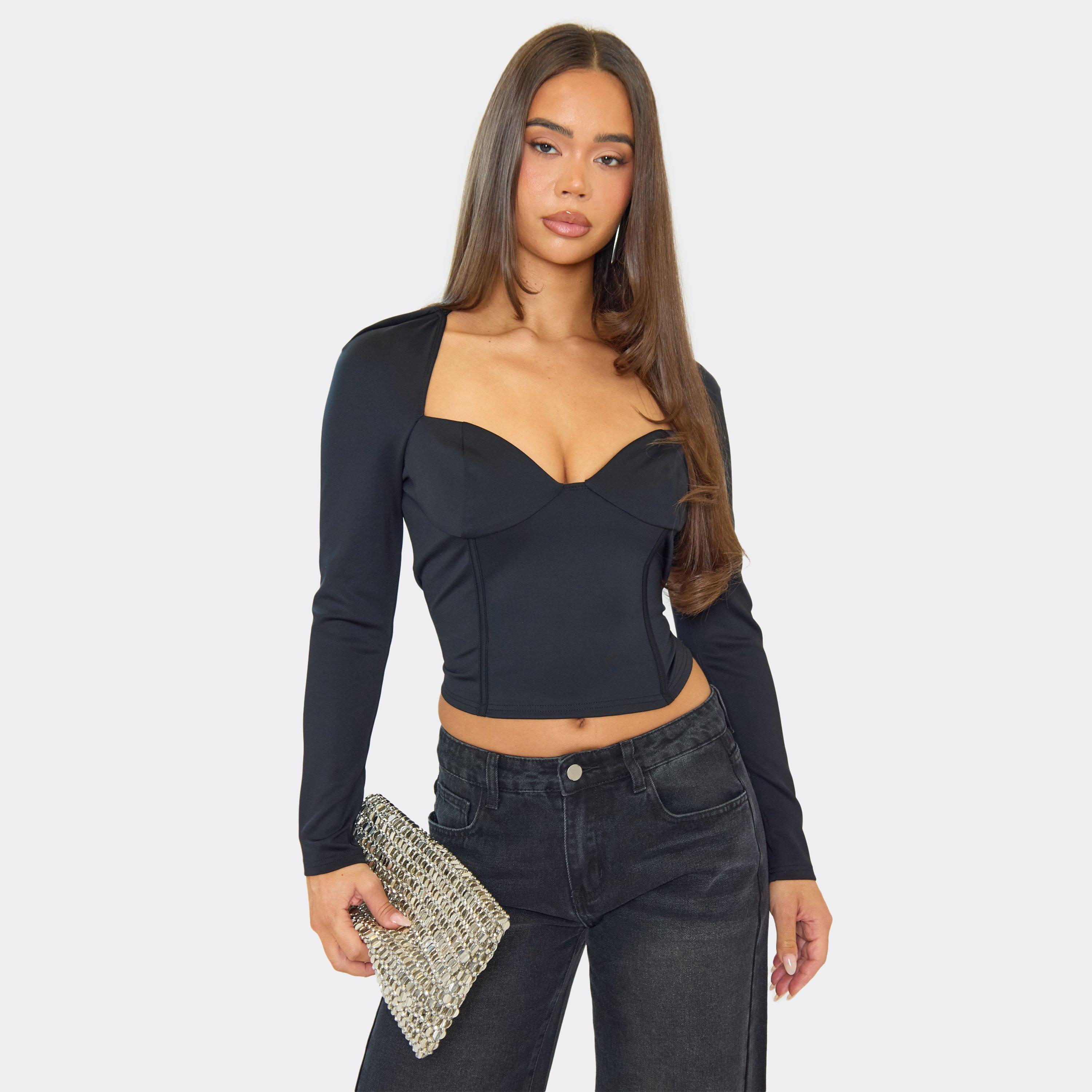 Long Sleeve Plunge Corset Top In Black, Women's Size UK 6