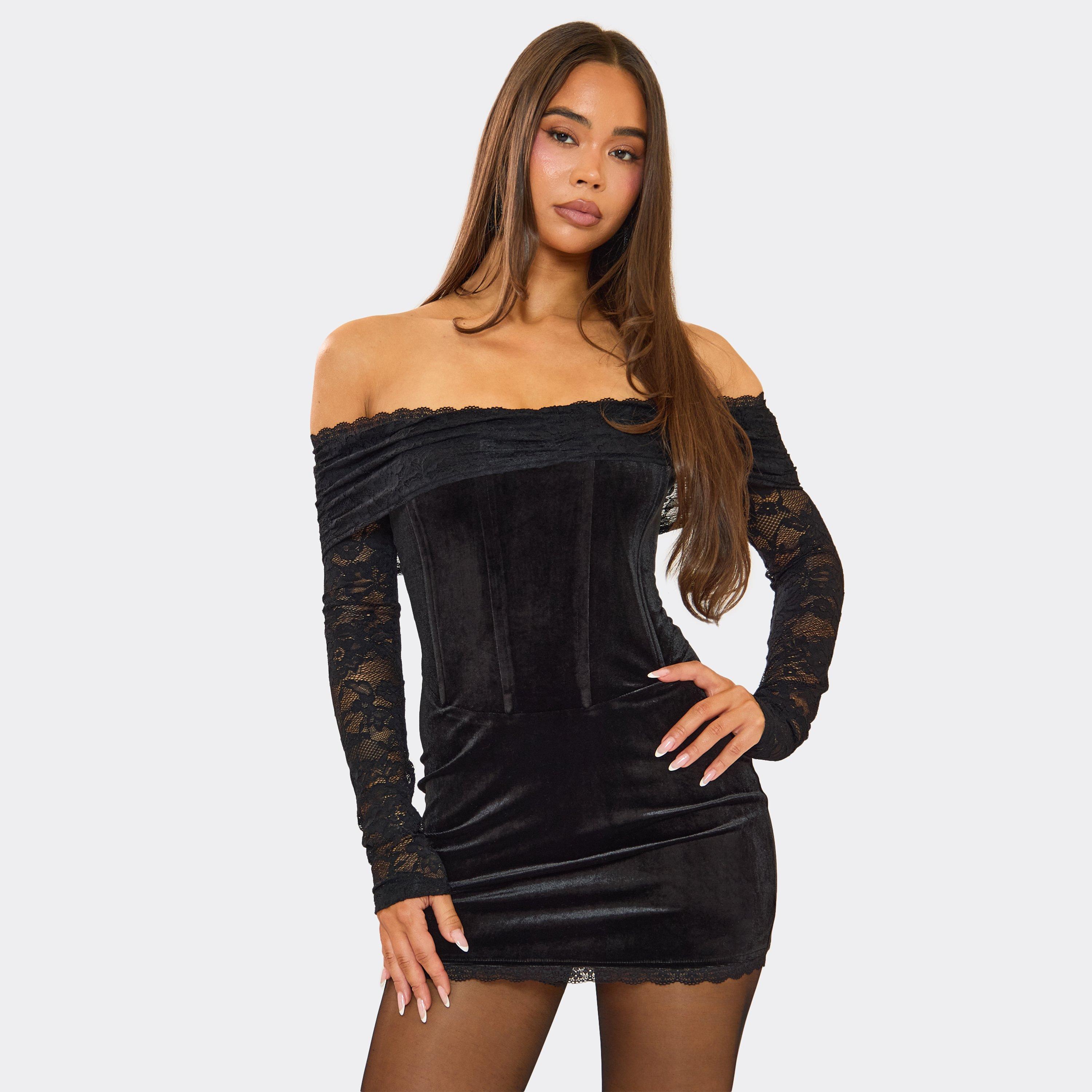 Bardot Fold Over Contrast Lace Corset Detail Mini Dress In Black Velvet, Women’s