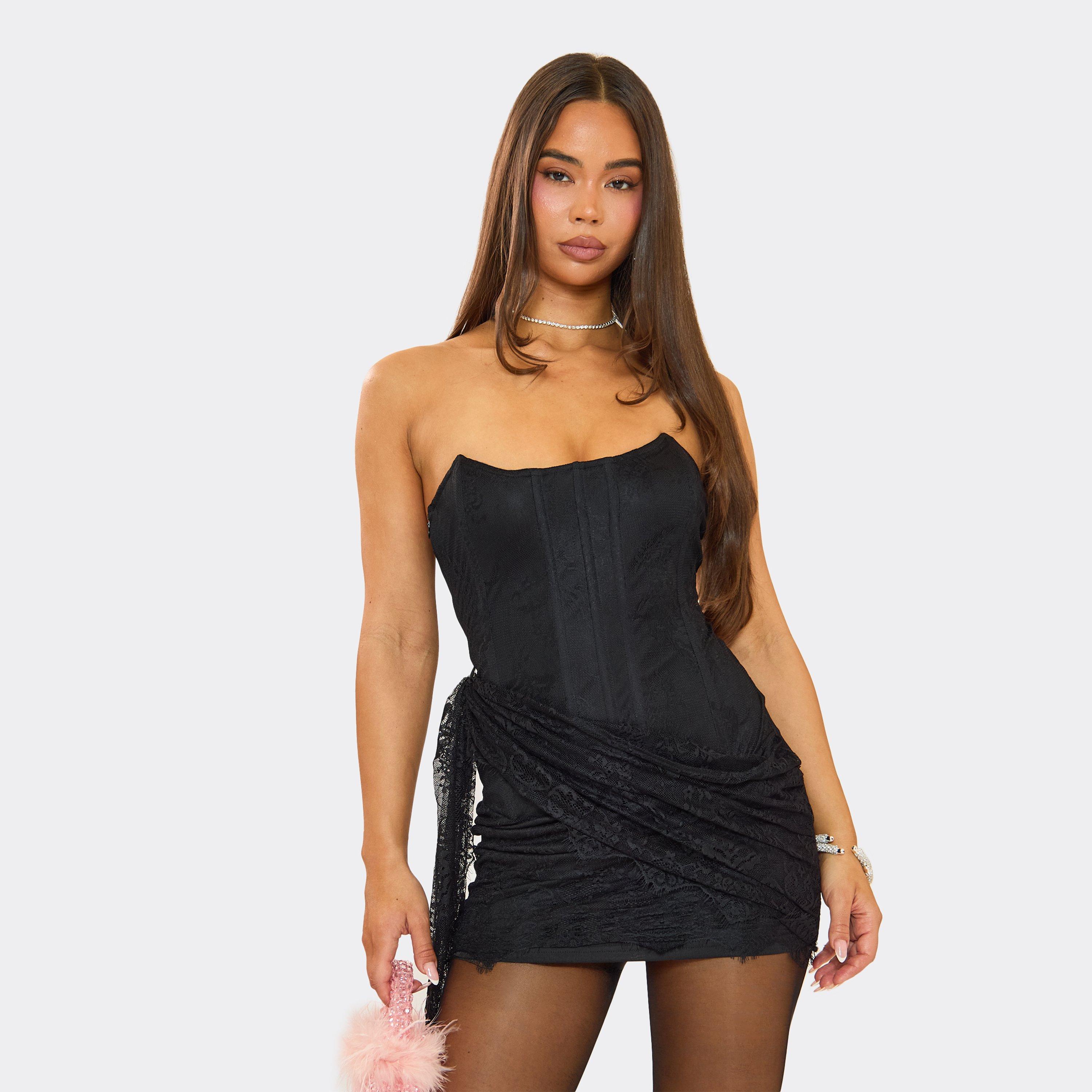 Bandeau Corset Drape Detail Mini Dress In Black Lace, Women’s