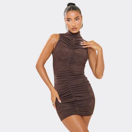 High Neck Ruched Detail Mini Dress In Chocolate Brown, Women's Size US