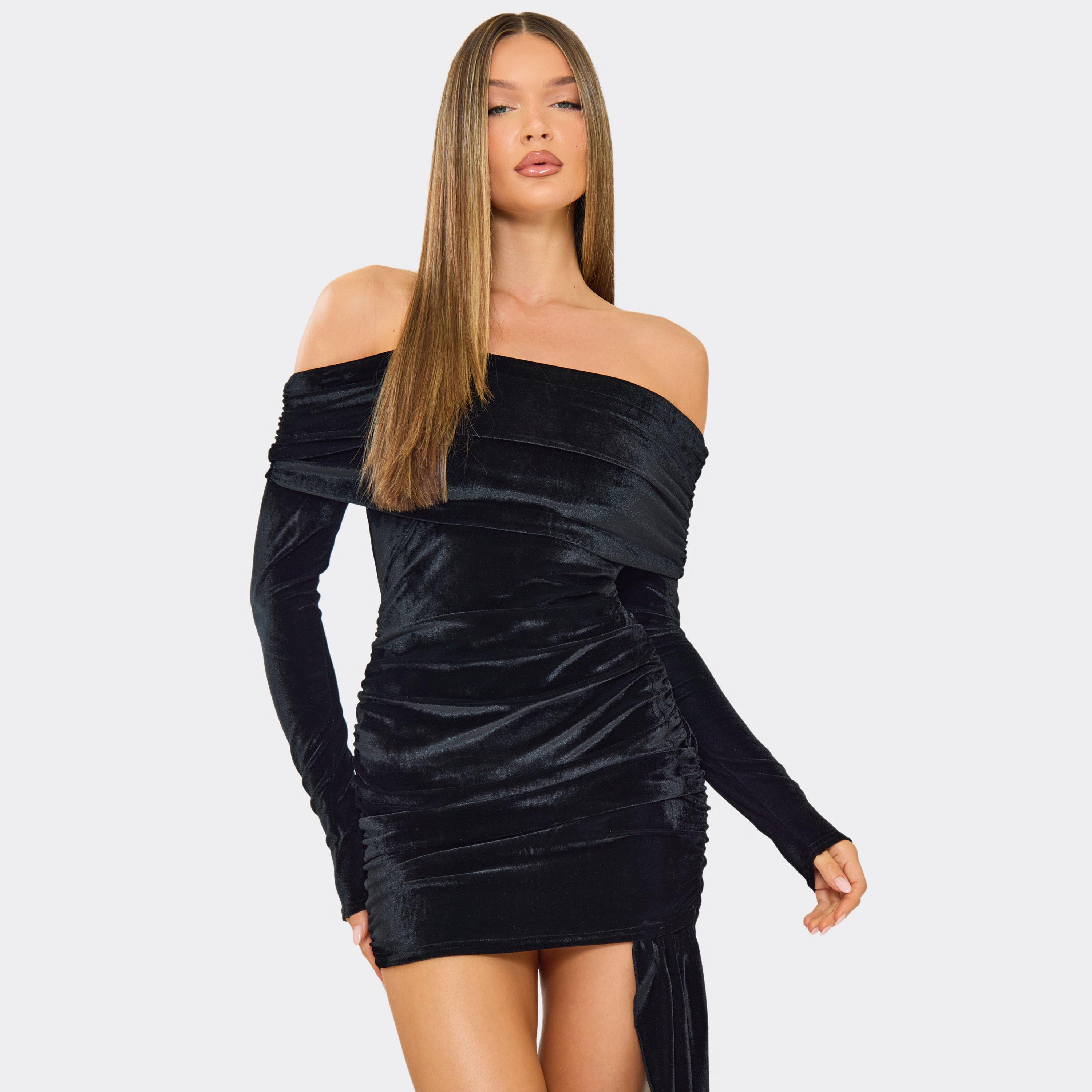 Bardot Drape Detail Mini Dress In Black Velvet, Women’s