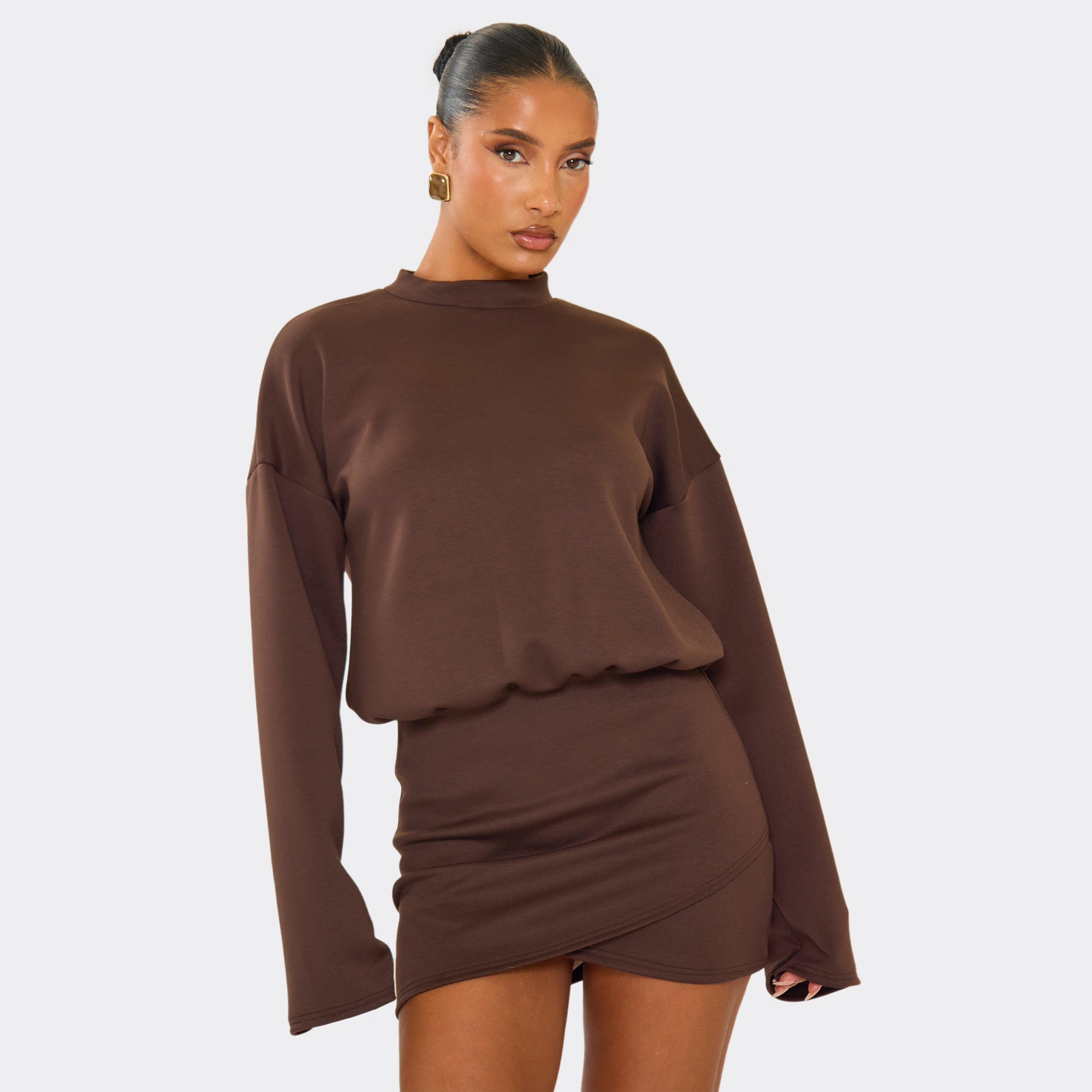High Neck Crossover Skirt Panel Detail Mini Dress In Brown, Women’s