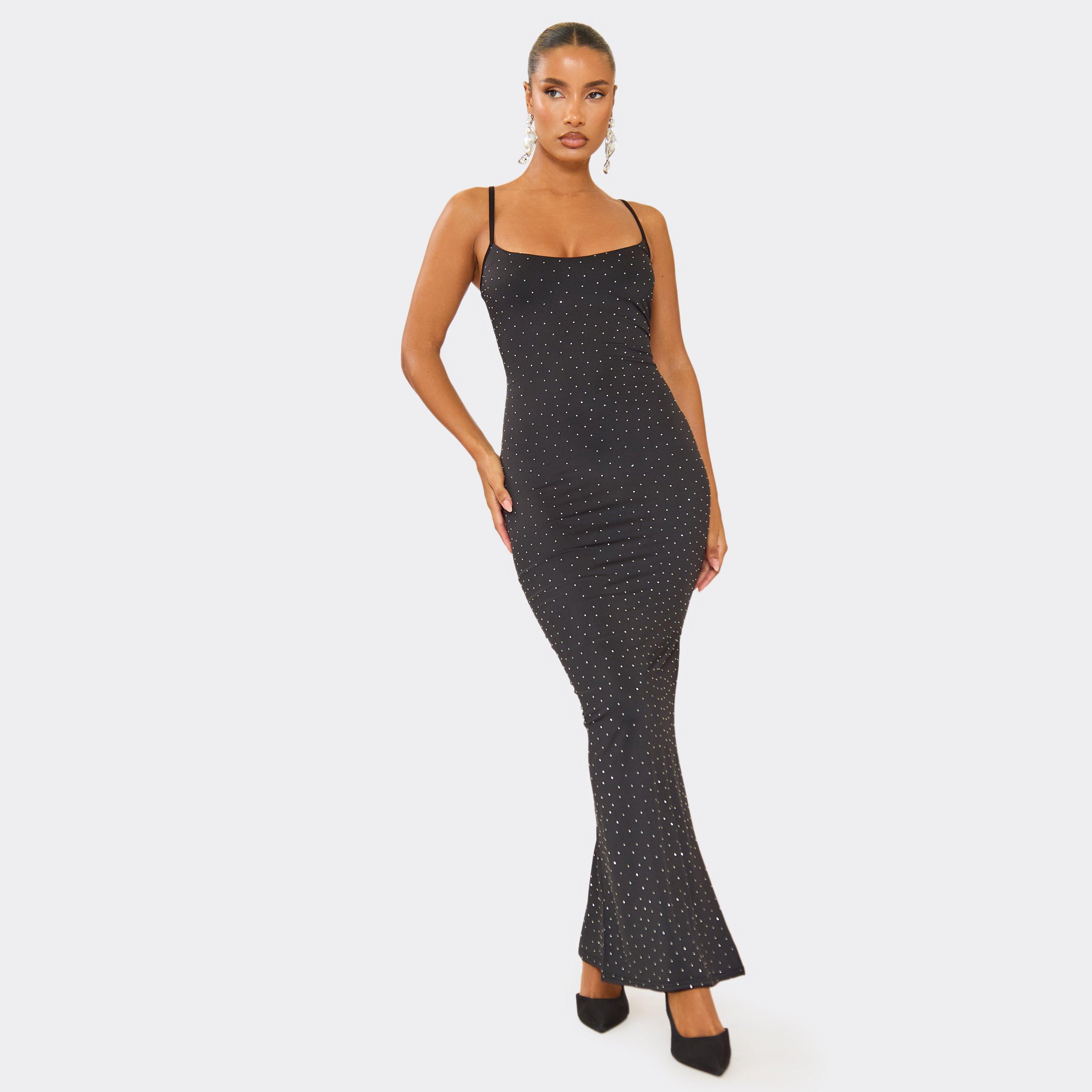 Strappy Scoop Neck Split Leg Diamante Maxi Dress In Black, Women's Size UK 6