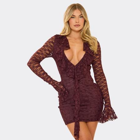 Frill Long Sleeve Plunge Draped Detail Mini Dress In Chocolate Brown Lace, Women's Size US