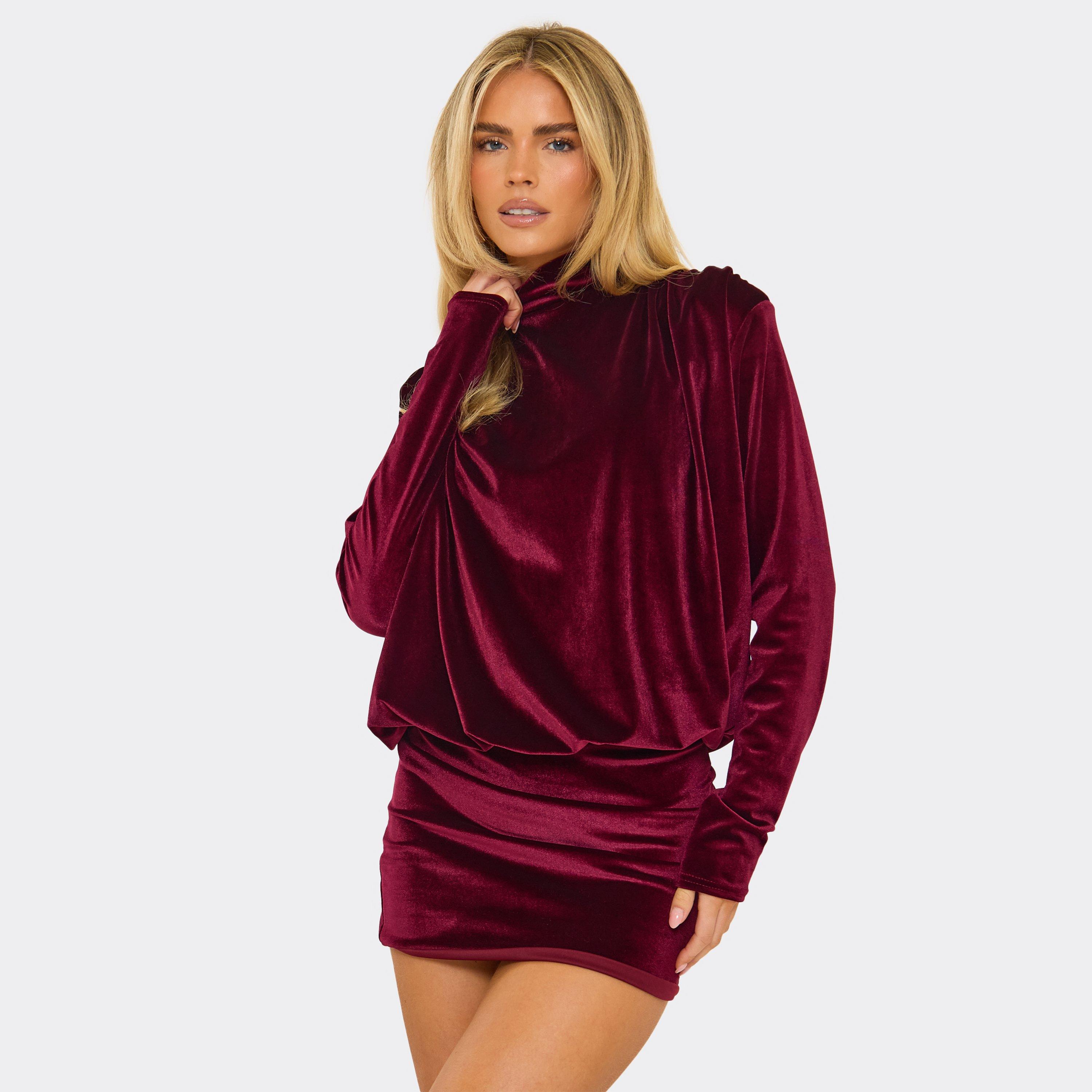 High Neck Shoulder Pad Long Sleeve Blouson Detail Mini Dress In Burgundy, Women’s