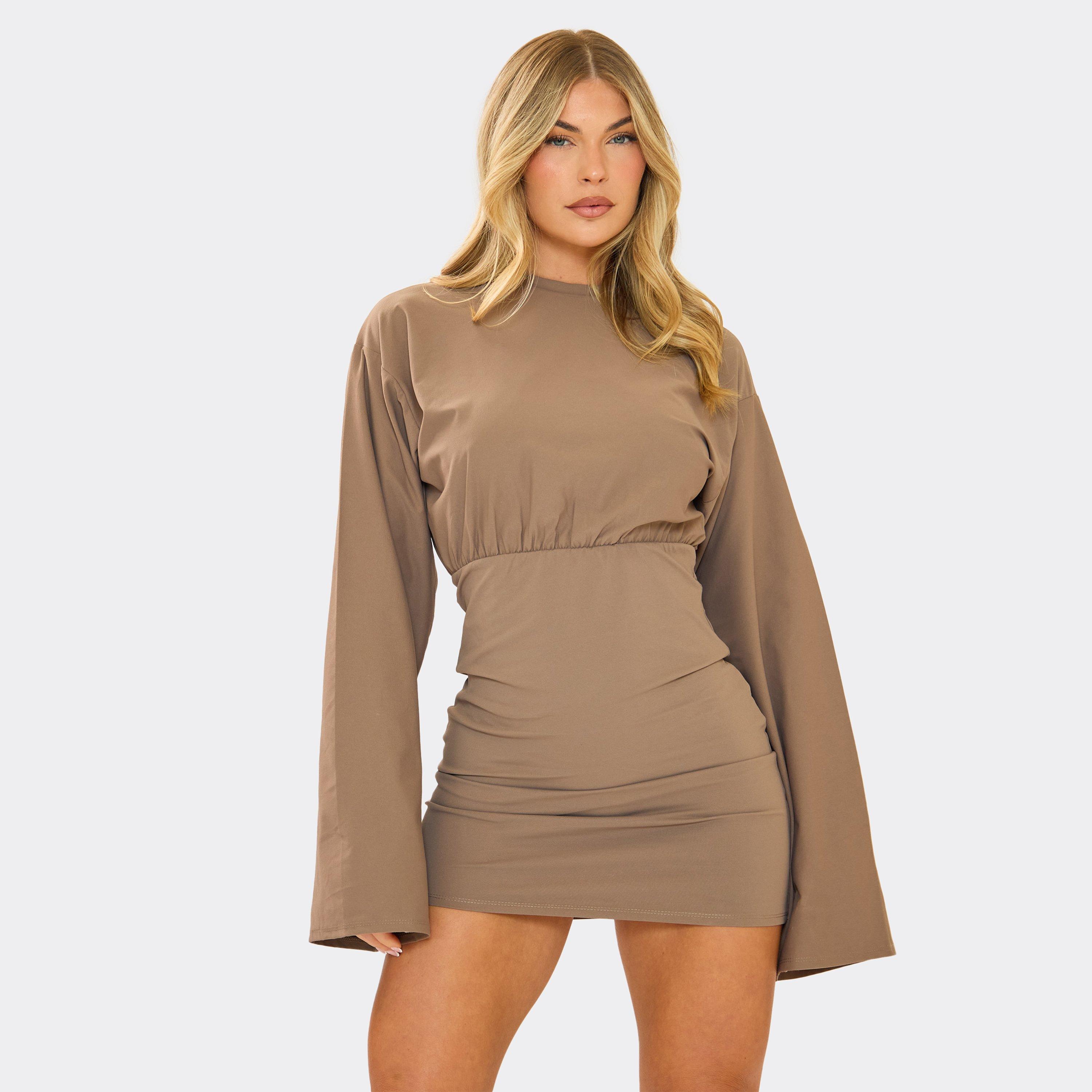 Flared Sleeve Ruched Underbust Seam Detail Mini Dress In Light Brown, Women’s