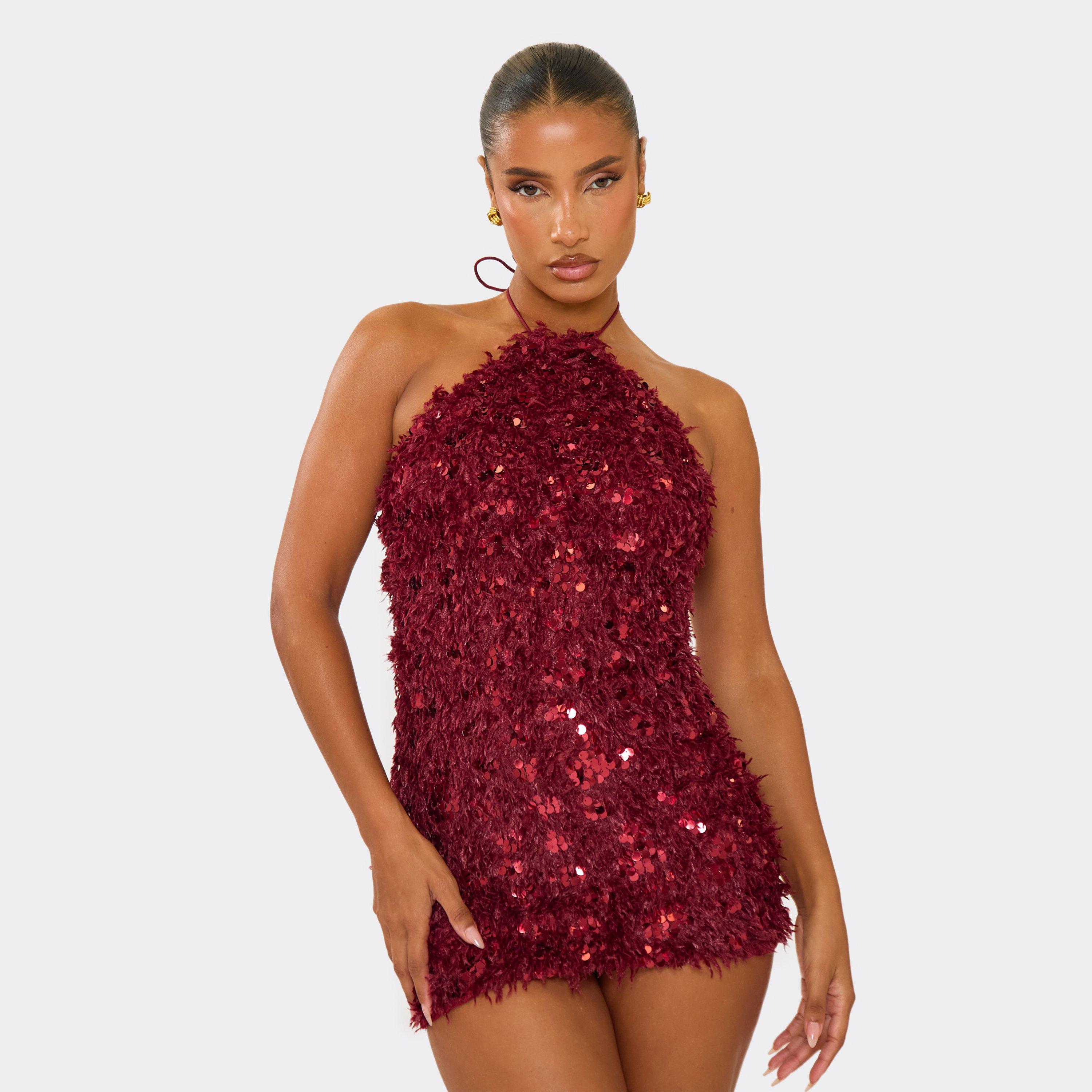 Halterneck Mini Dress In Burgundy Textured Sequin, Women’s