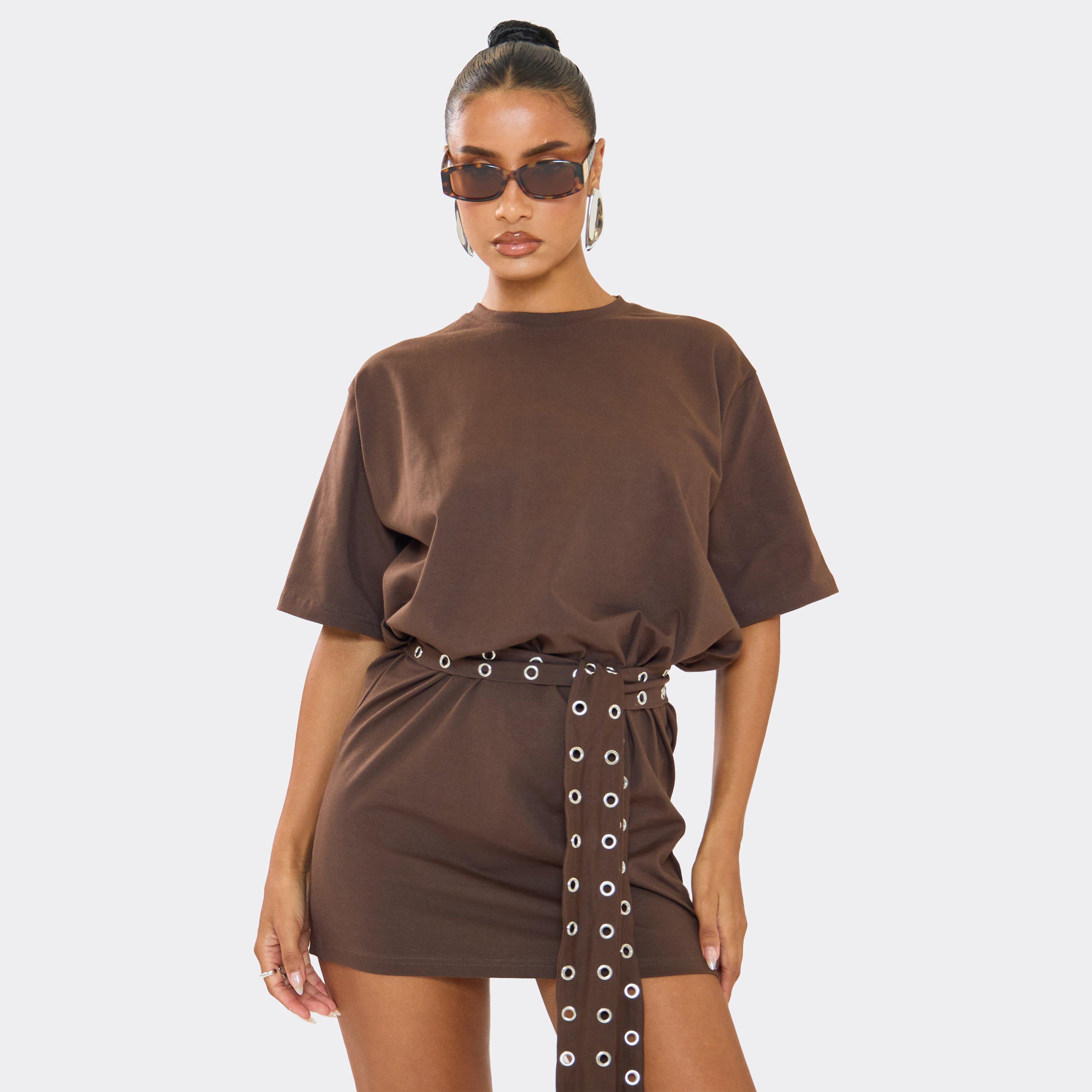 Shoulder Pad Eyelet Belt Detail T-Shirt Dress In Chocolate Brown, Women's Size UK 8