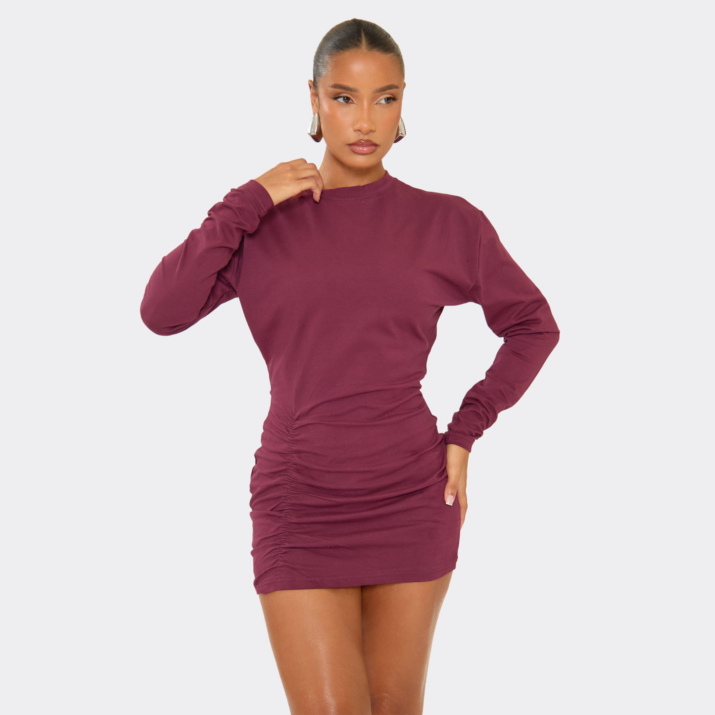 Long Sleeve Ruched Detail T-Shirt Dress In Plum, Women's Size UK 10