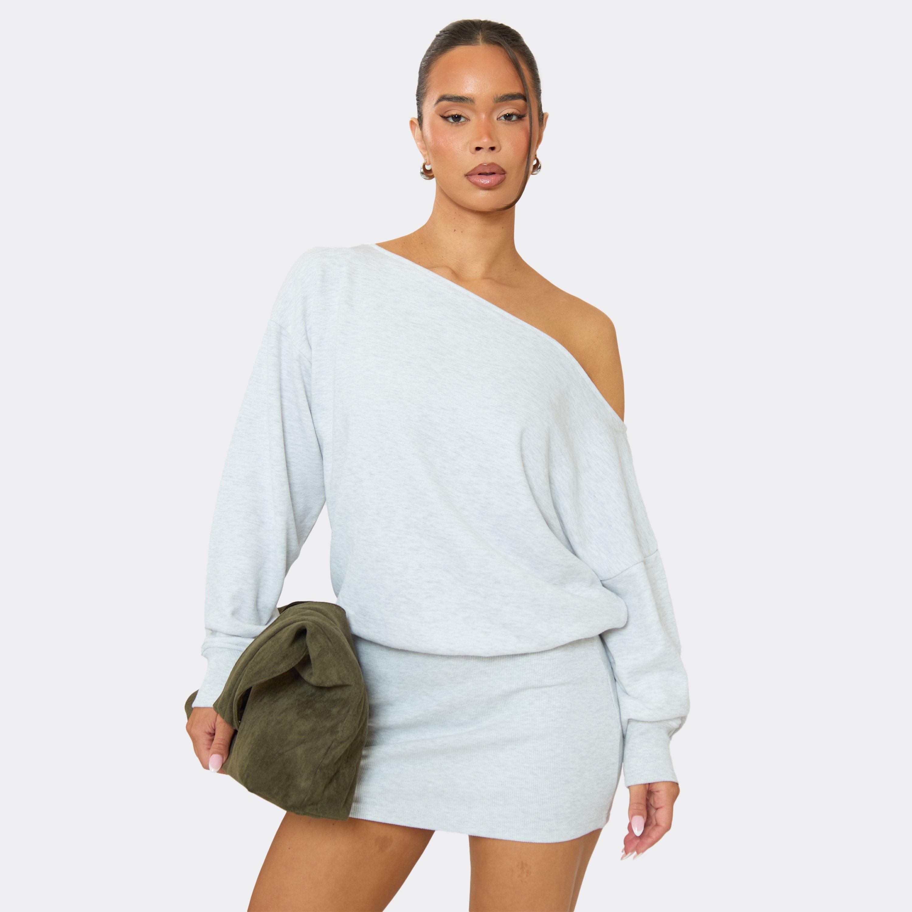 Off The Shoulder Slouchy Sweat Dress In Grey Marl, Women’s