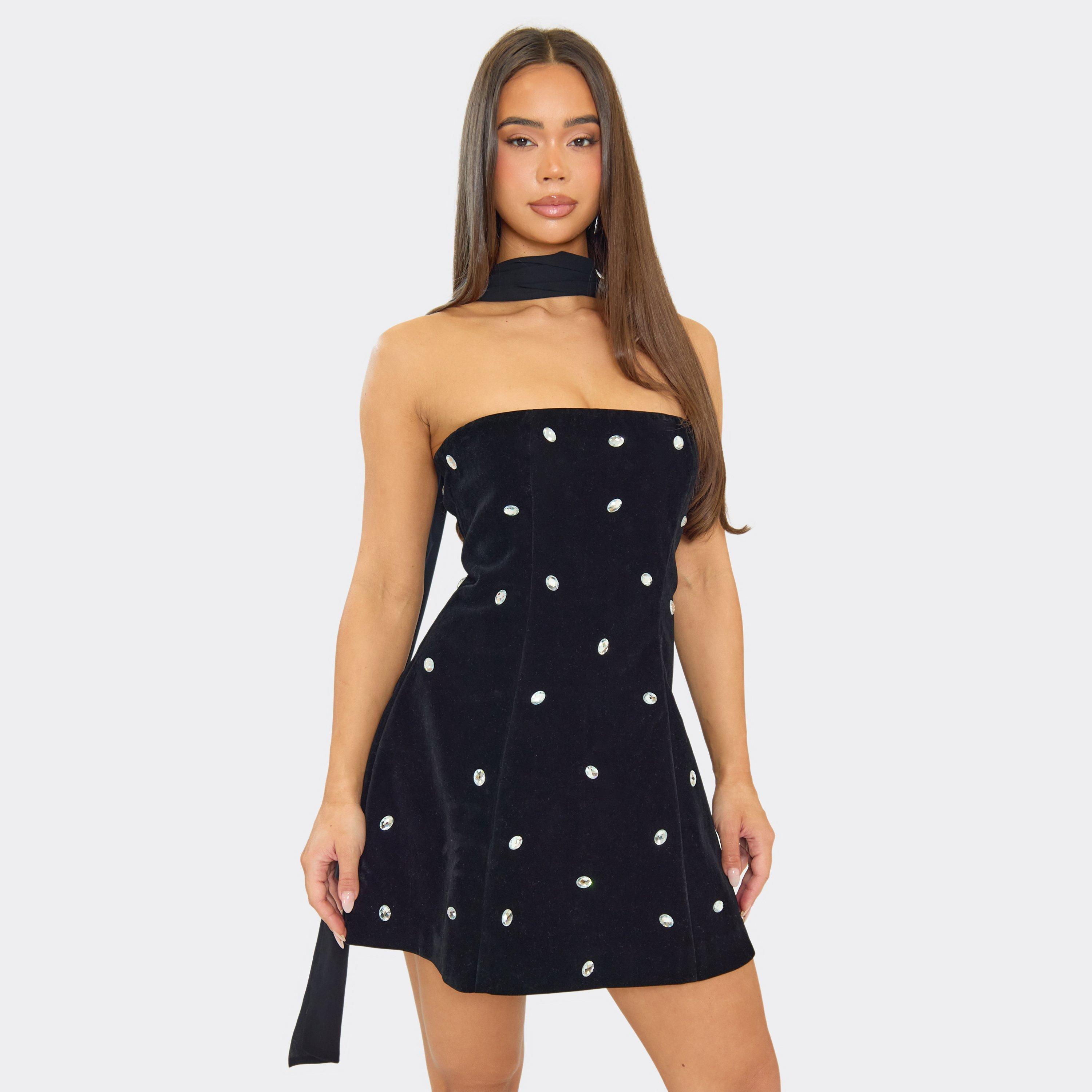 Scarf Detail Diamante Trim A-Line Mini Dress In Black, Women's Size UK 8