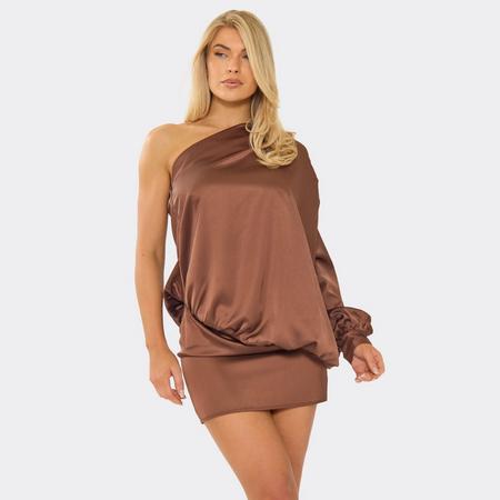 One Shoulder Pleated Blouson Mini Dress In Chocolate Brown Satin, Women's Size US