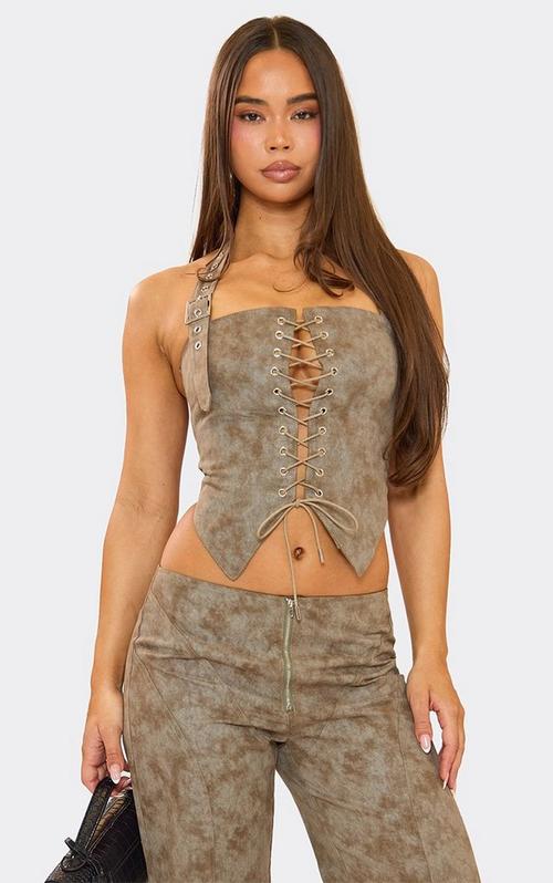 Halterneck Frill Detail Maxi Top In Khaki Green Textured Lace