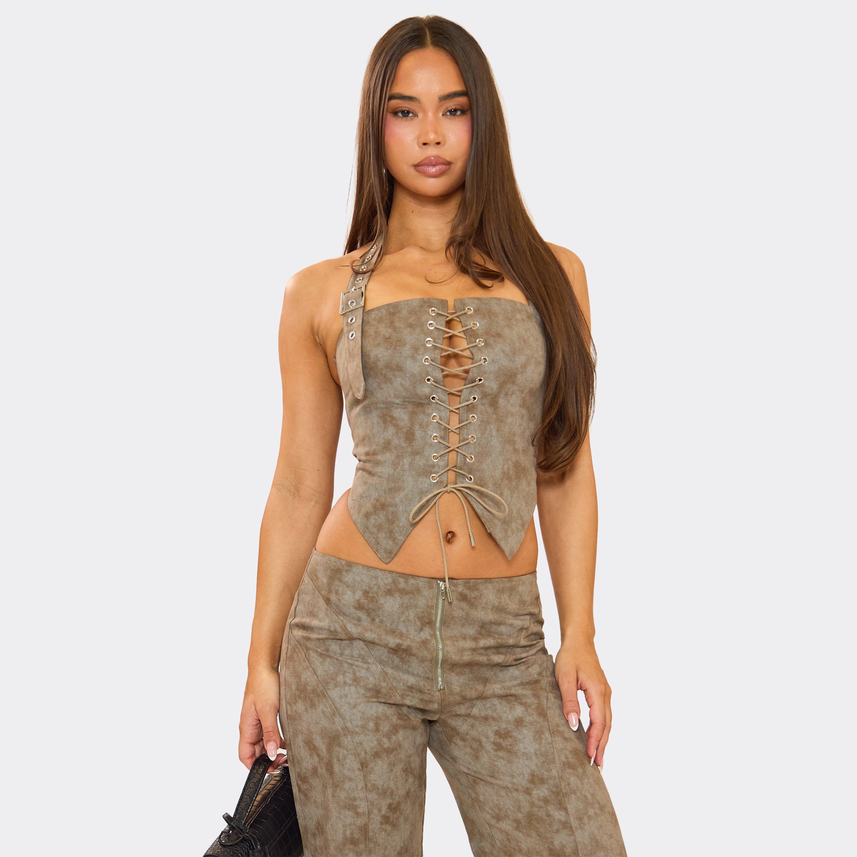 Image of Halterneck Lace Up Front Top In Grey Acid Print, Women's