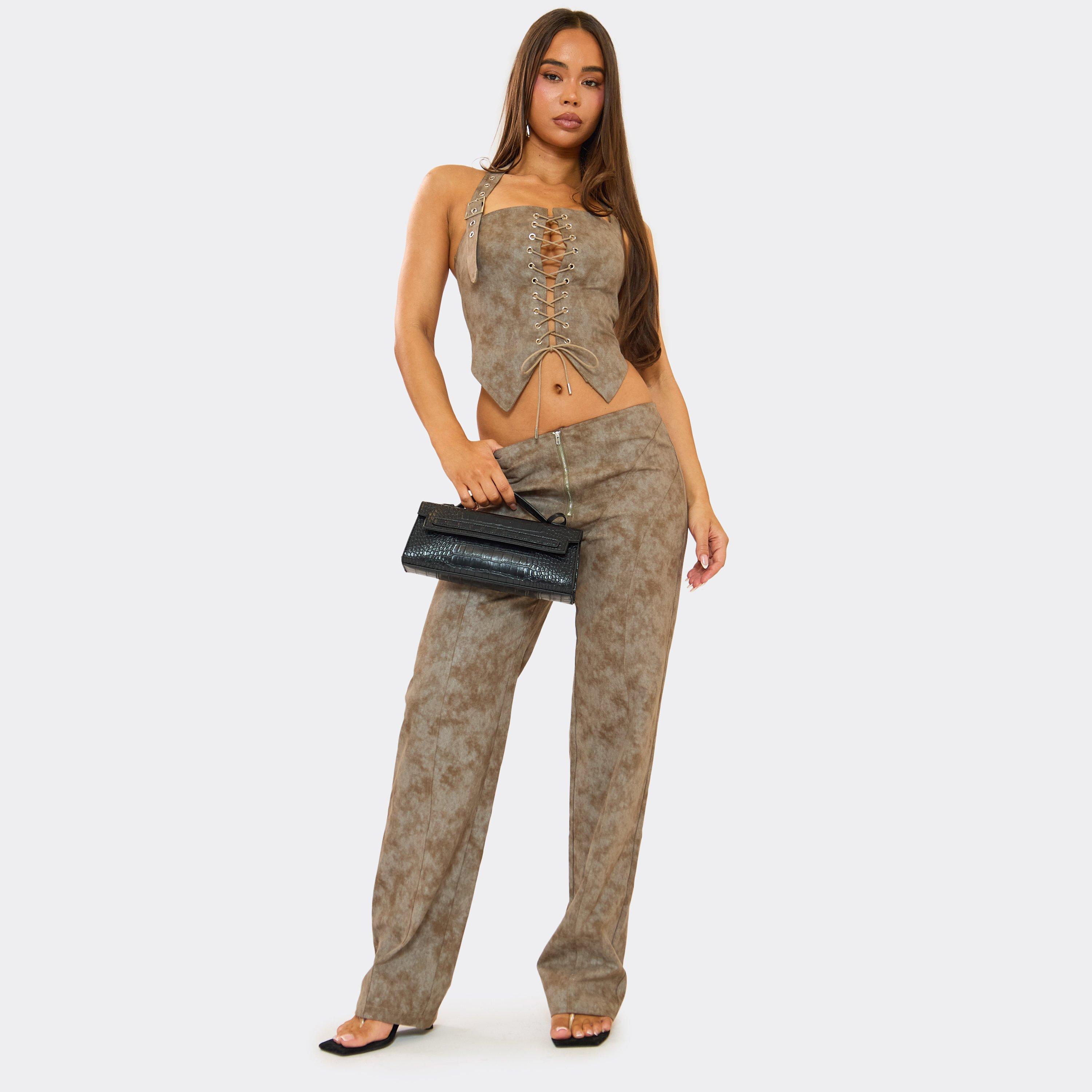 Image of Low Rise Straight Leg Trousers In Grey Acid Print, Women's