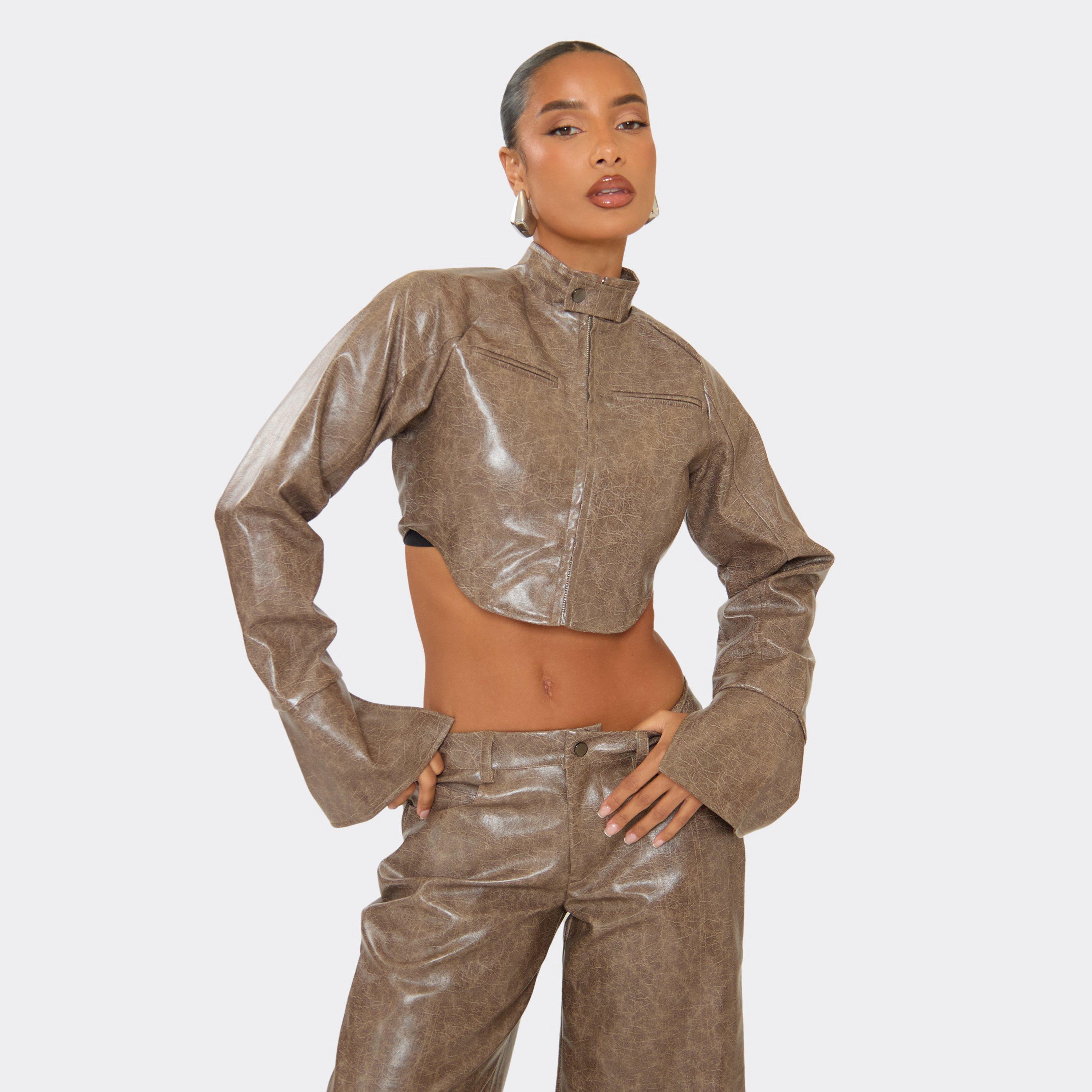 Long Sleeve Fitted Zip Up Cropped Jacket In Brown Faux Leather, Women's Size UK 8