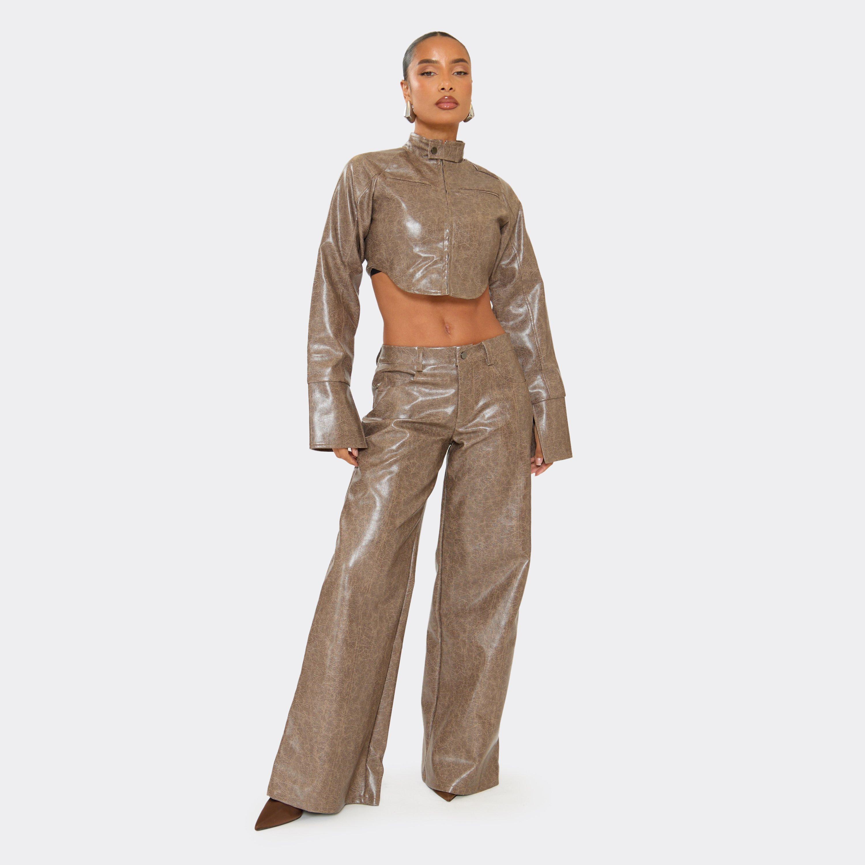 Image of Low Rise Wide Leg Trousers In Brown Faux Leather, Women's