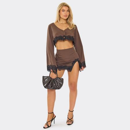 High Waist Split Leg Lace Trim Mini Skirt In Chocolate Brown, Women's Size US