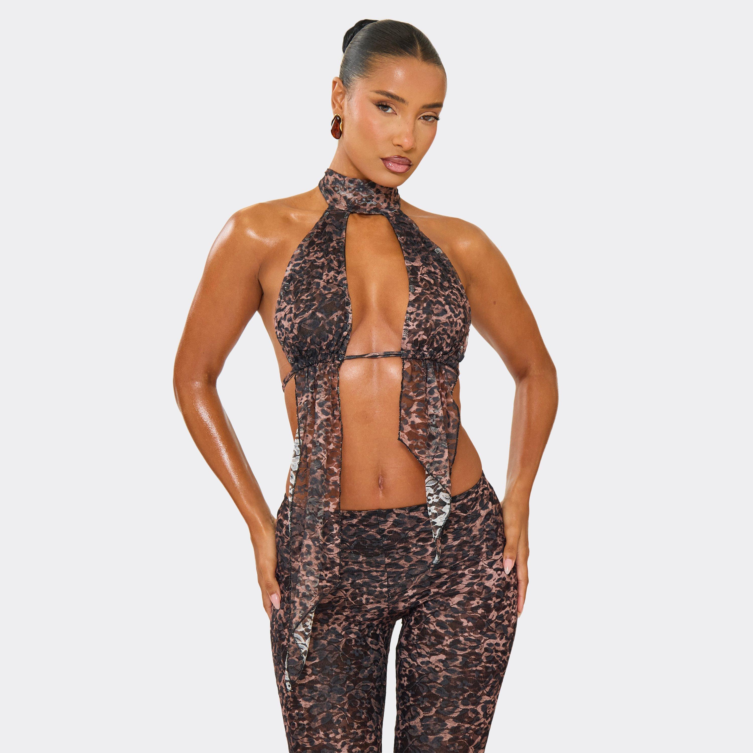 High Neck Tie Back Asymmetric Top In Brown Leopard Print Lace, Women's Size UK 14