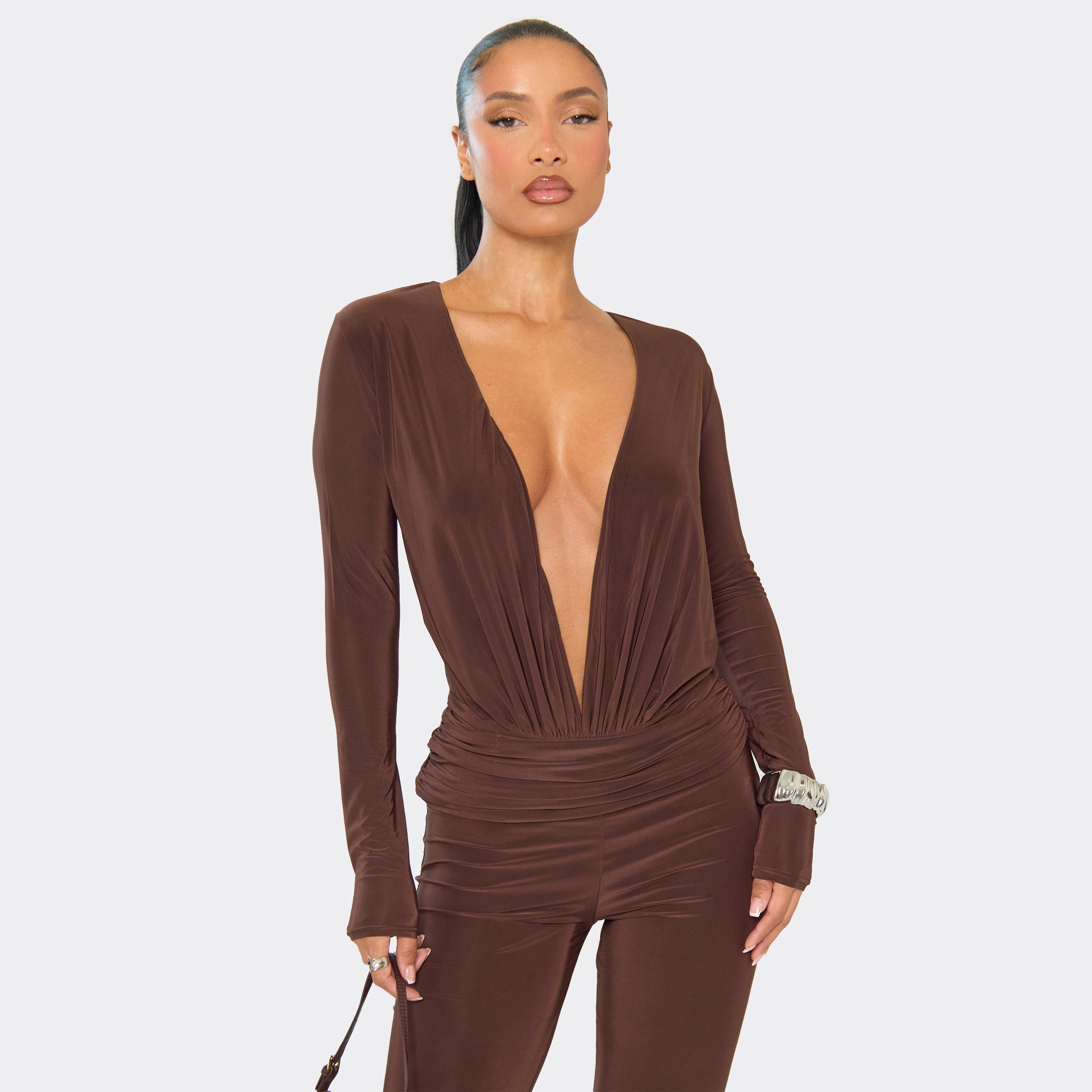 Long Sleeve Plunge Neck Open Back Bodysuit In Chocolate Brown, Women's Size UK 14
