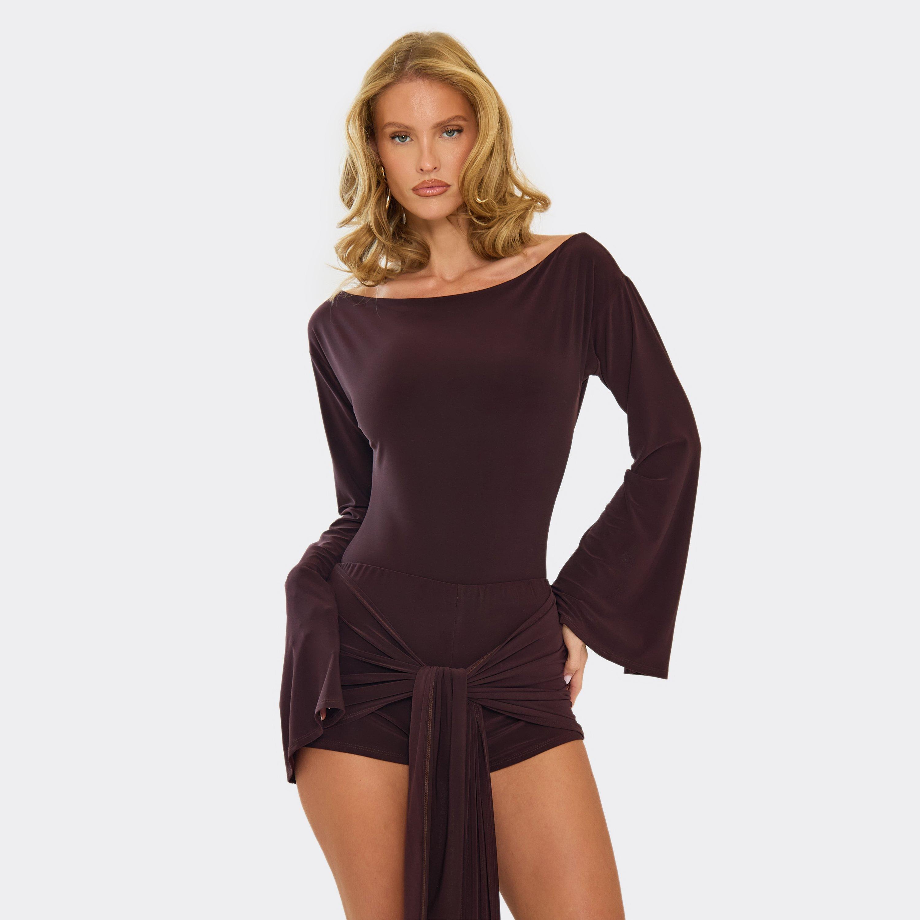 Long Flared Sleeve Asymmetric Fitted Bodysuit In Chocolate Brown, Women's Size UK 10