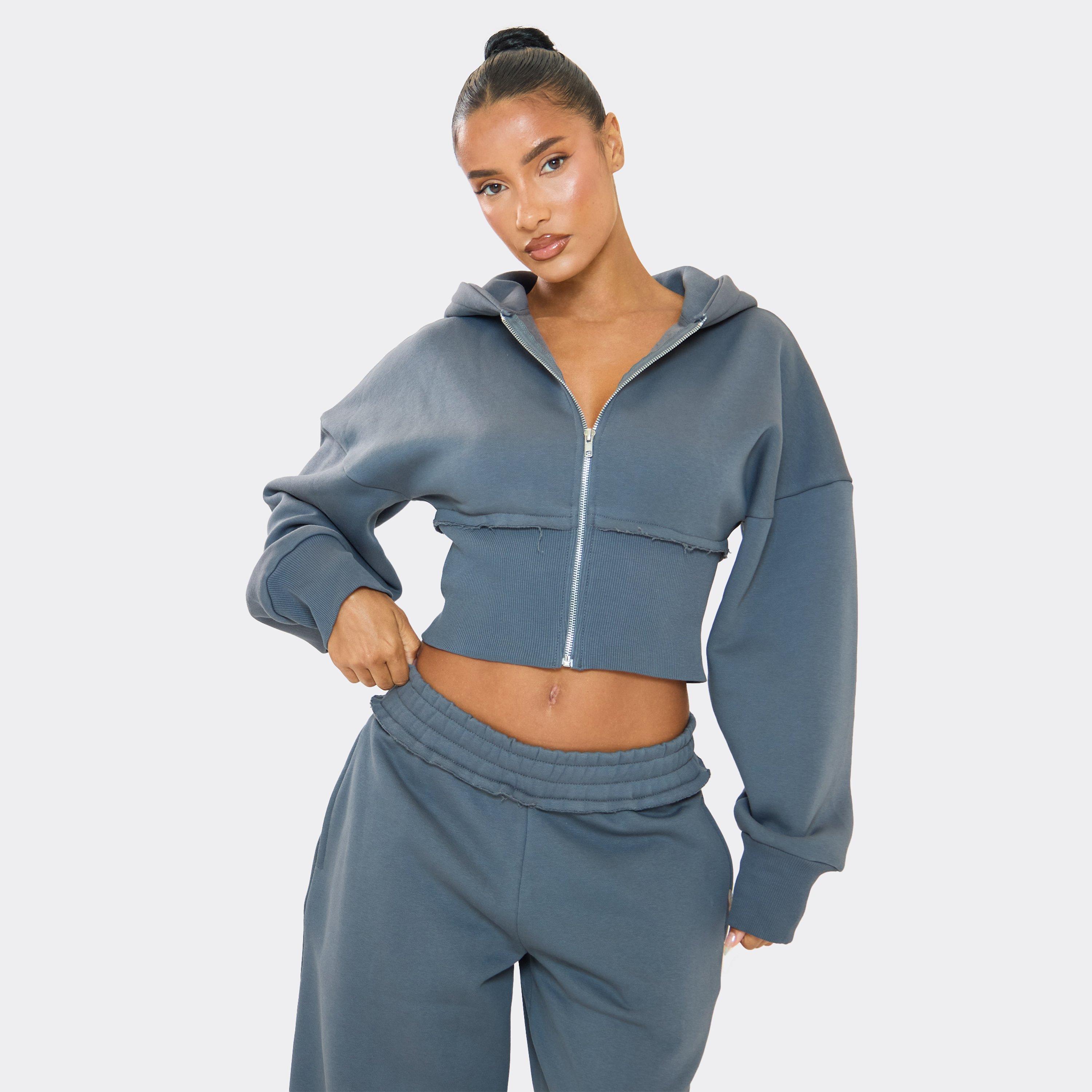 Balloon Sleeve Cinched Waist Distressed Detail Zip Up Hoodie In Blue, Women’s