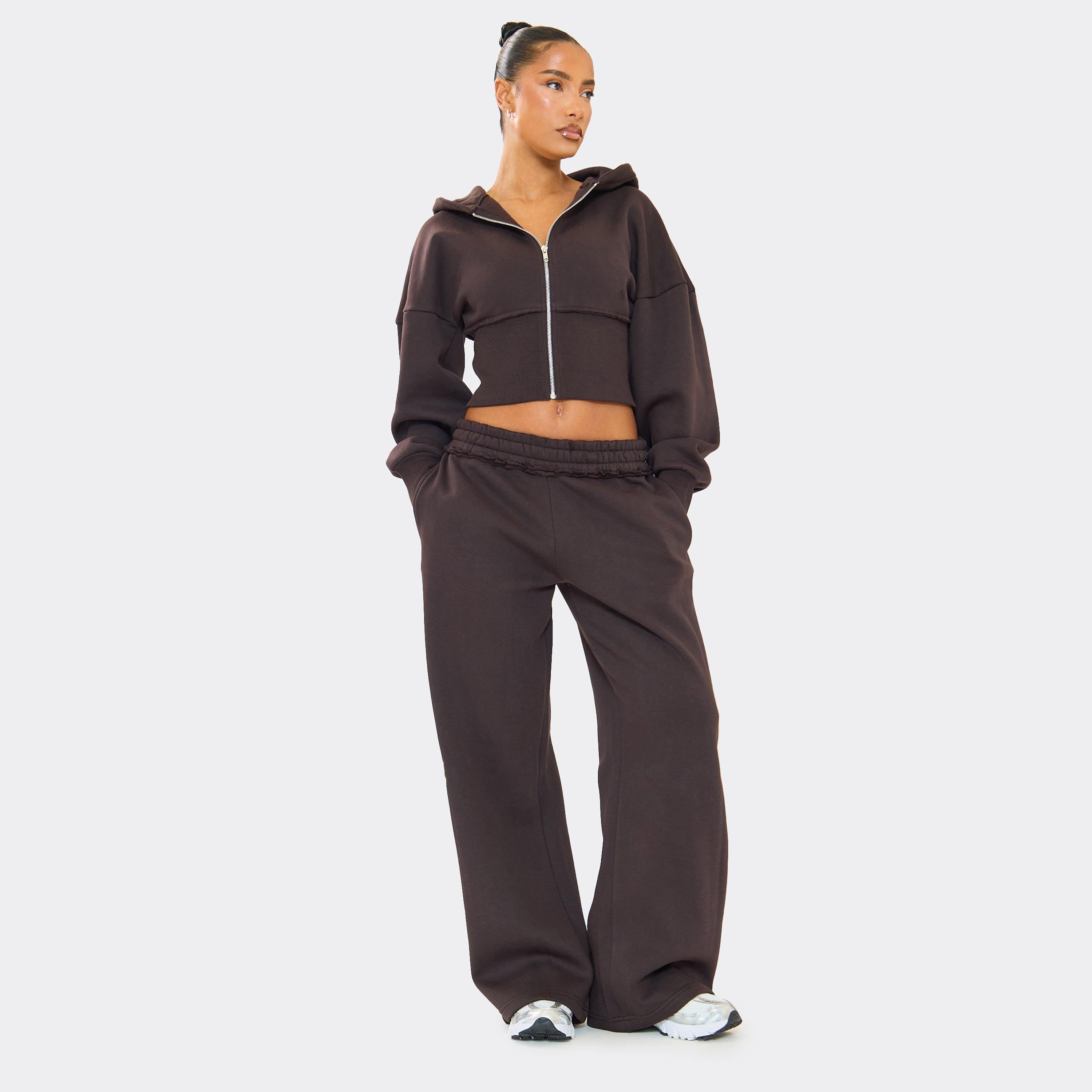 Low Rise Distressed Detail Wide Leg Joggers In Chocolate Brown, Women’s