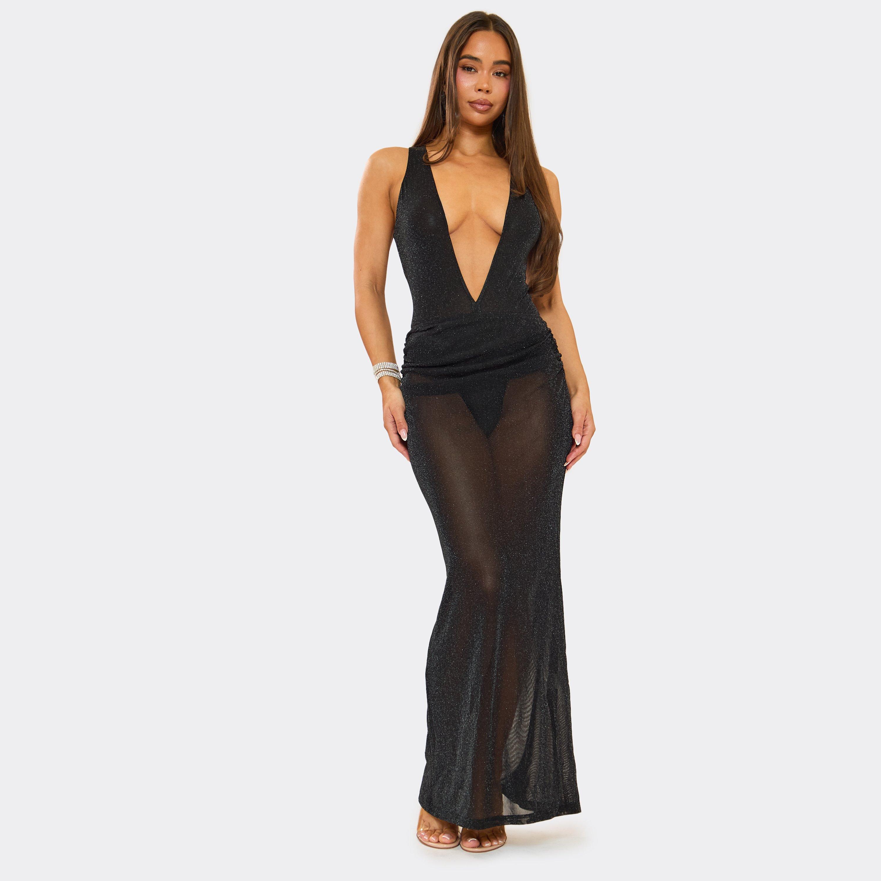 Plunge Bodysuit And Asymmetric Ruched Maxi Skirt Co-Ord Set In Sheer Black Glitter Mesh, Women's Size UK 8